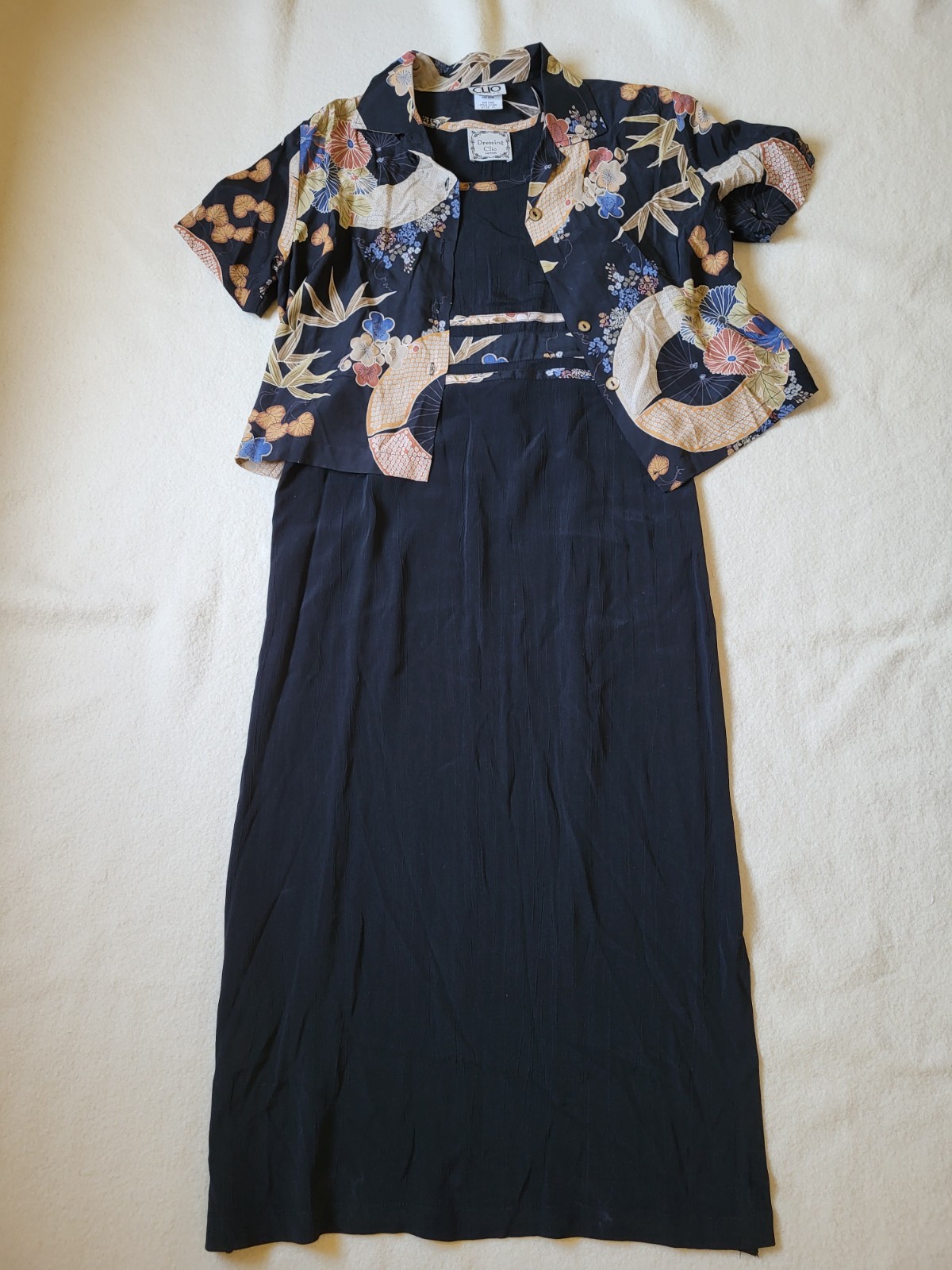 Vintage 90’s Tank Dress & Blouse Size PL Black Asian Print USA By Dressing Clio
