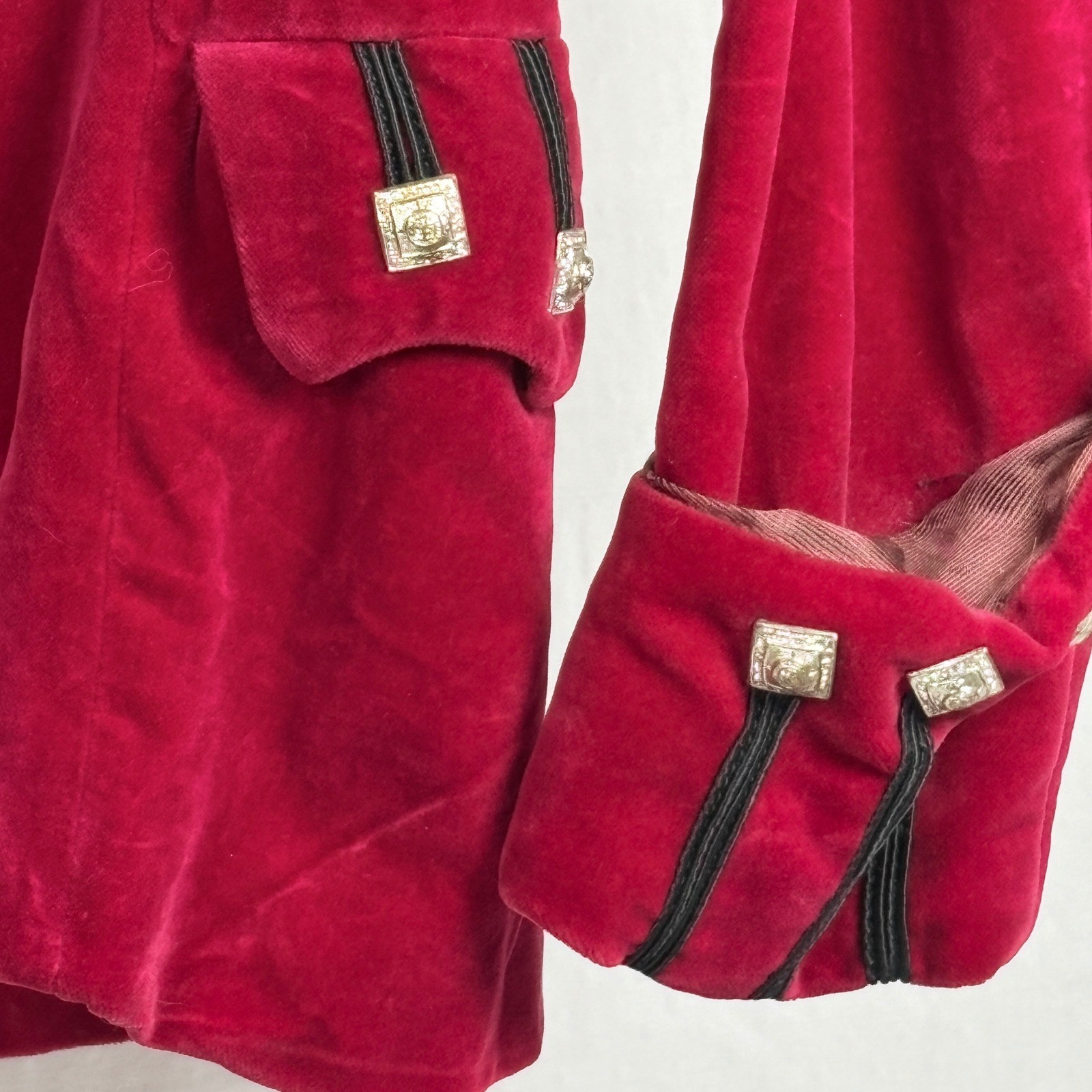 Scotch House Vtg Scarlet Red Velvet Riding Military Jacket Ornate Buttons sz 34