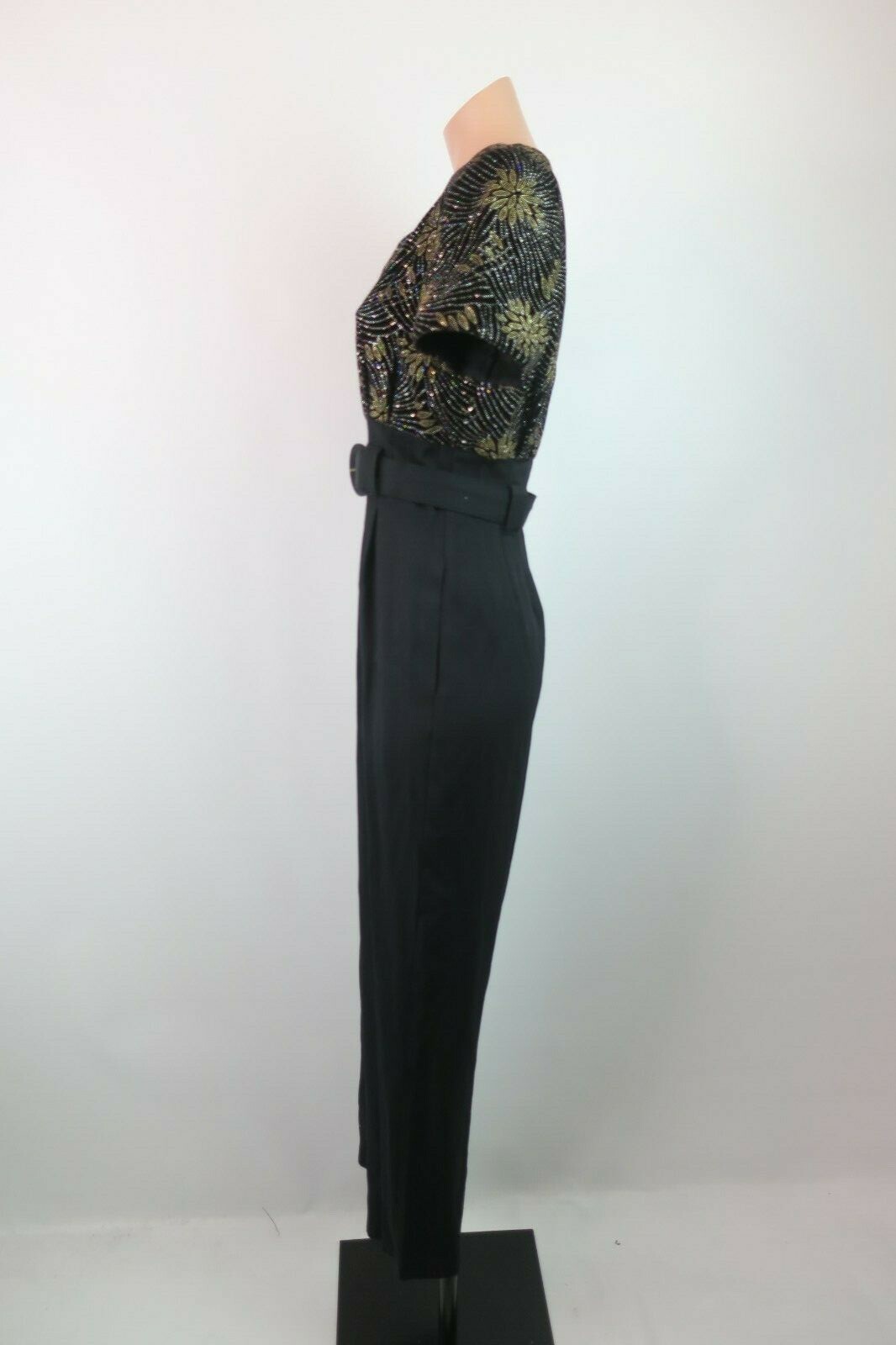 VTG 80s Sexy Glitter Tapered Boho Festival Jumpsuit Metallic Floral Belted sz 6