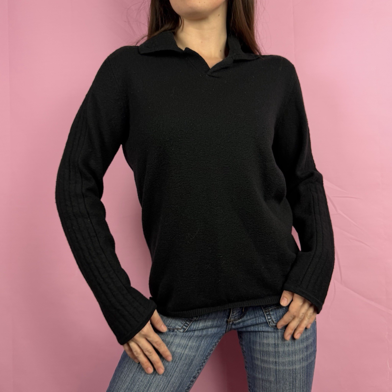 Vintage Armani Exchange Wool Blend Black Collared Sweater Polo Medium Preppy
