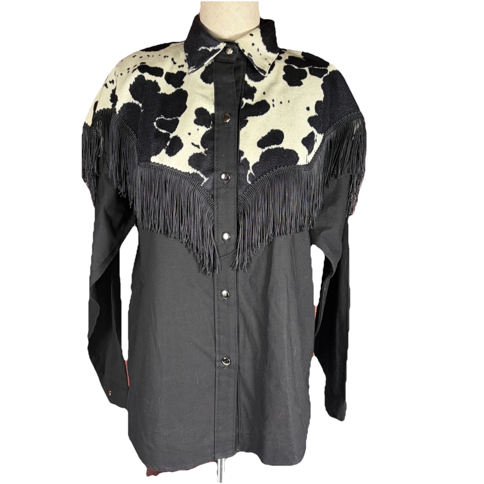 Vtg Sas’sa Western Fringe Cow Print Snap Front Shirt Black Cowhide Yoke Women’s