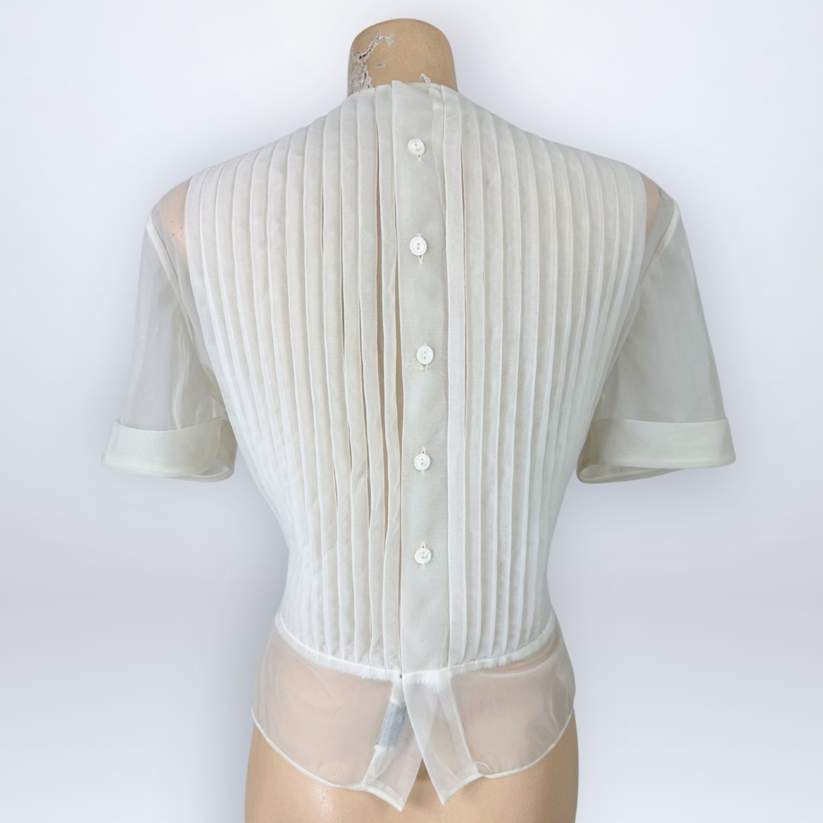 Vintage 1950s Eclipse Seattle Sheer Ecru Nylon Pleated Lace Blouse Button Back