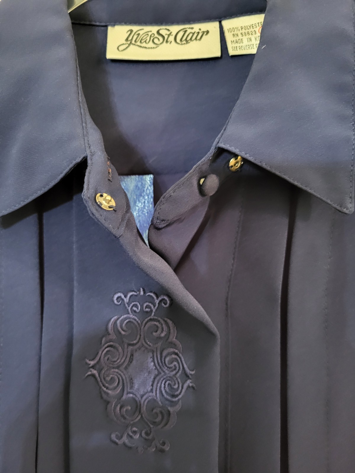 Vintage 80s YVES ST CLAIR Navy Blue Top 8 Button Up Embroidered Secretary Blouse