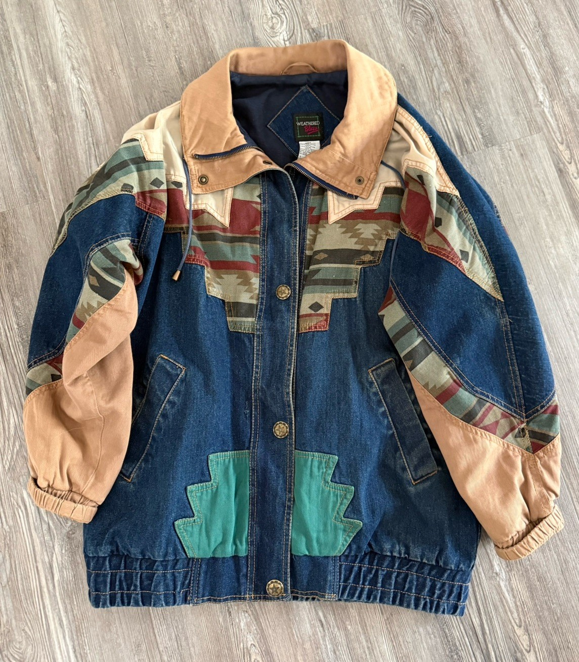 VTG Weathered Blues Izzi Western Denim Jean jacket Southwest Aztec Patchwork L