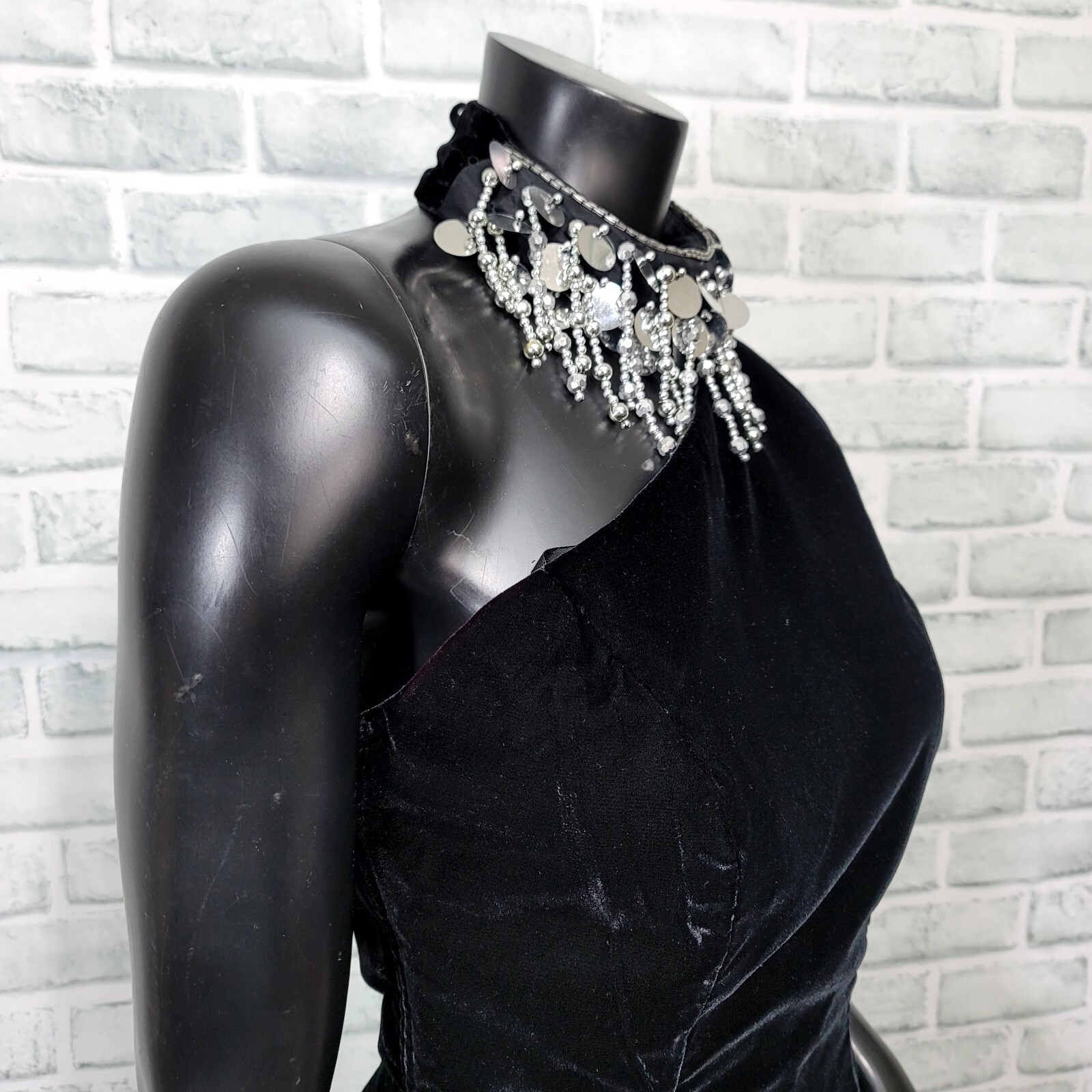 Vintage 90s Karen Okada Climax Black Velvet One Shoulder Maxi Gown Beaded Collar