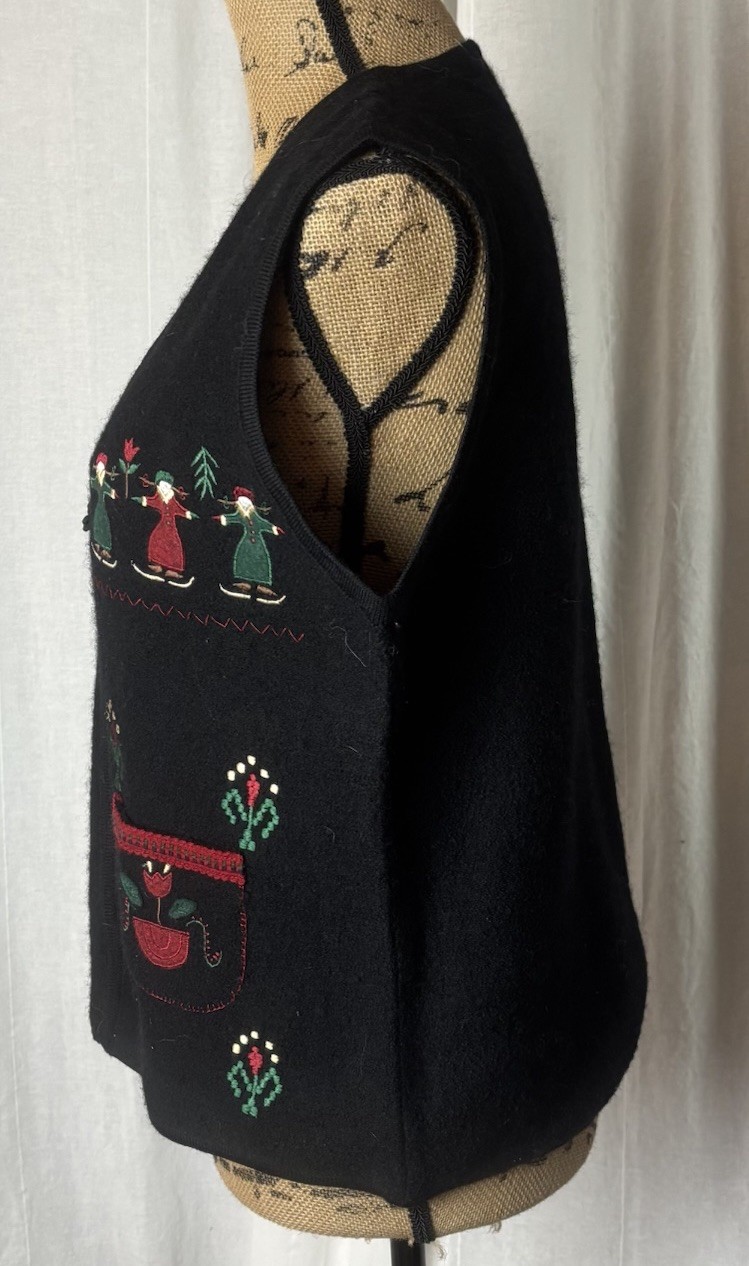 Vintage Sharon Young Boiled Wool Vest Black Red Green Appliqué Folk Christmas L