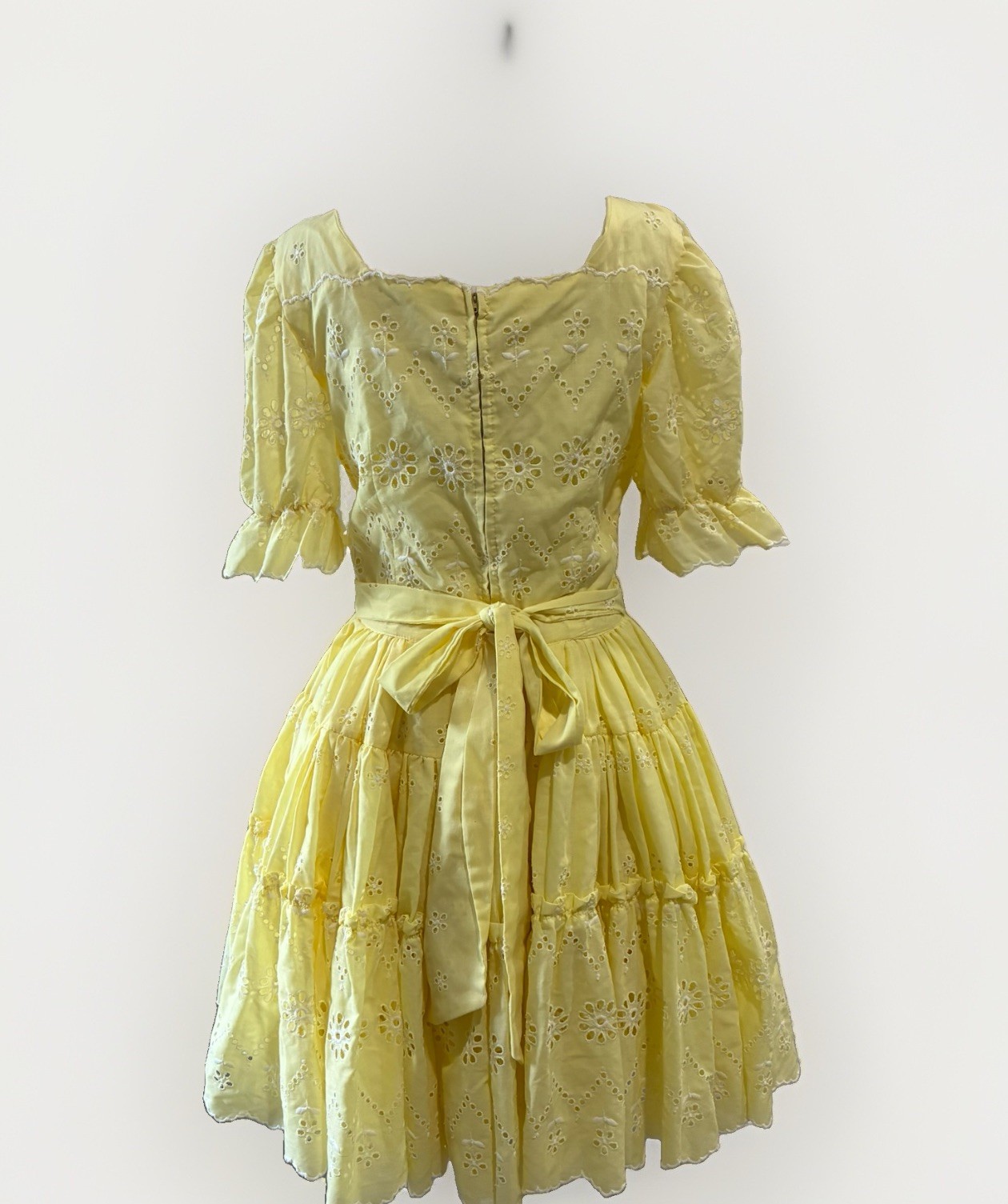 Vtg. Prairie Square Dance Dress Yellow Eyelet Lace Ruffle Handmade Small Bo Peep