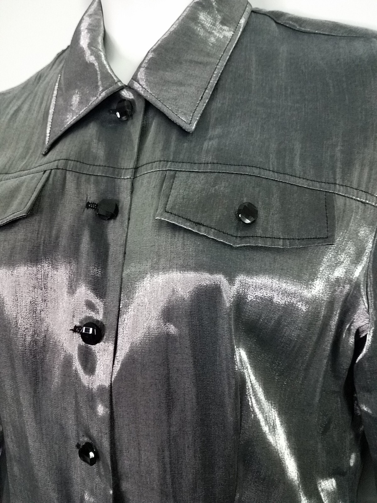 D.J. SUMMERS Disco 80’s Women’s Sz 12 Shirt Gray Shiny Satin Collar Buttons USA