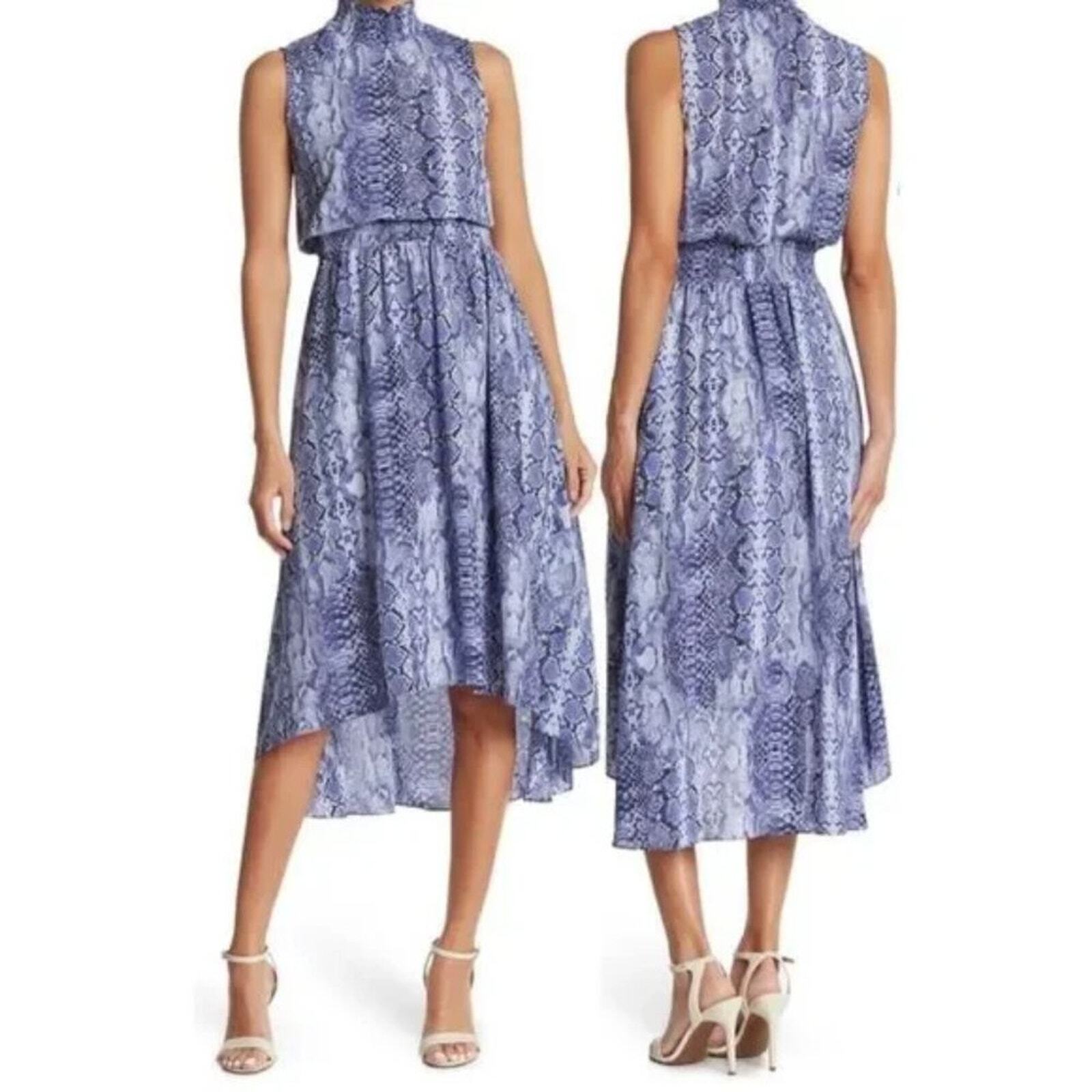 NANETTE LEPORE Blue Snakeskin Print High-Low Sleeveless Smocked Midi Dress Size