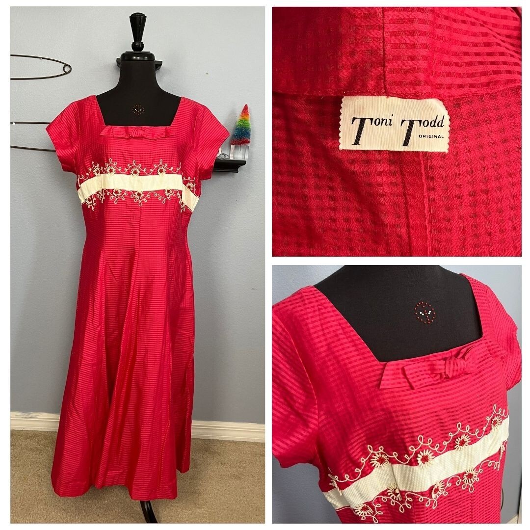 Vtg 50s Red Cotton Party Dress Floral Embroidery