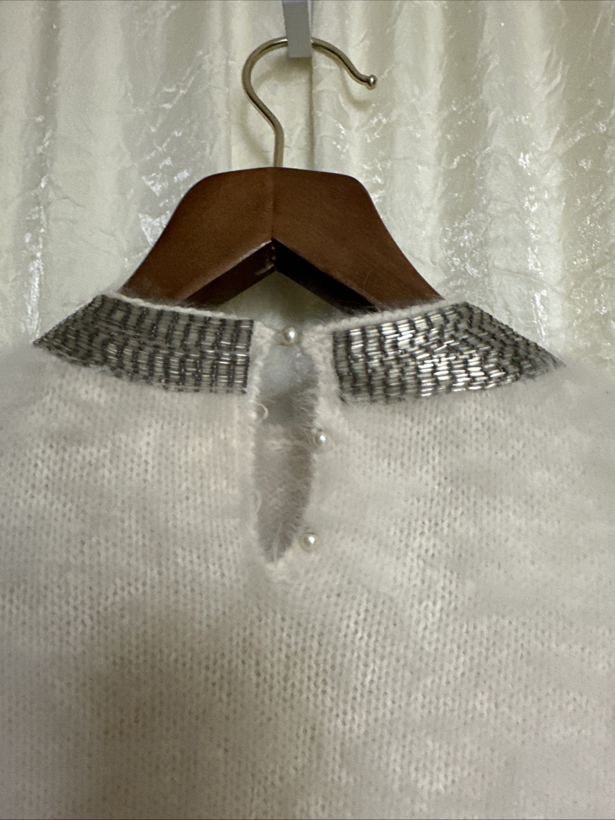 GUCCI VINTAGE 80s White Knit, Sequin Beaded Collar, Angora Sweater SZ S