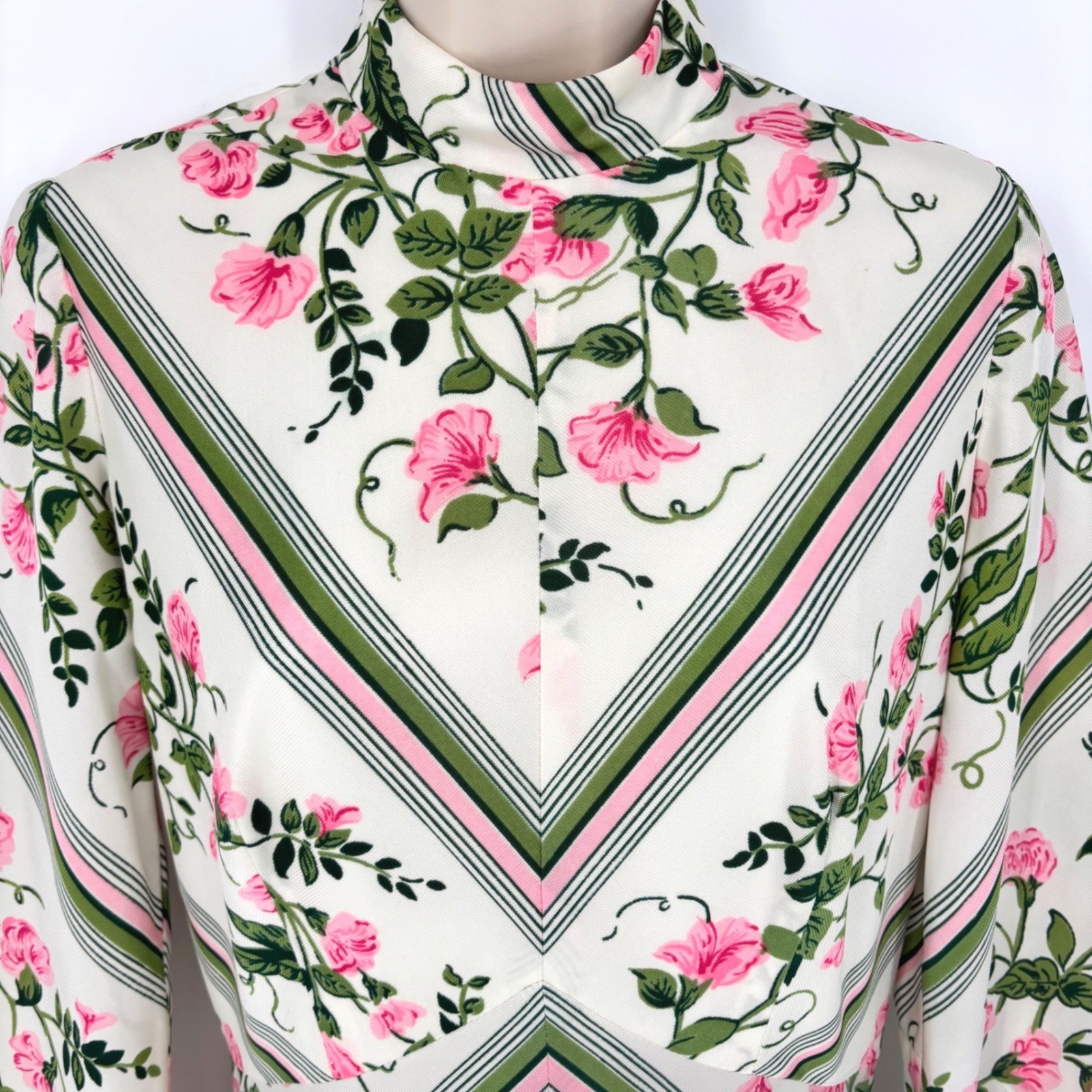 Vintage Julie Miller California 70s Floral Chevron Maxi Dress Pink Green Sz 12