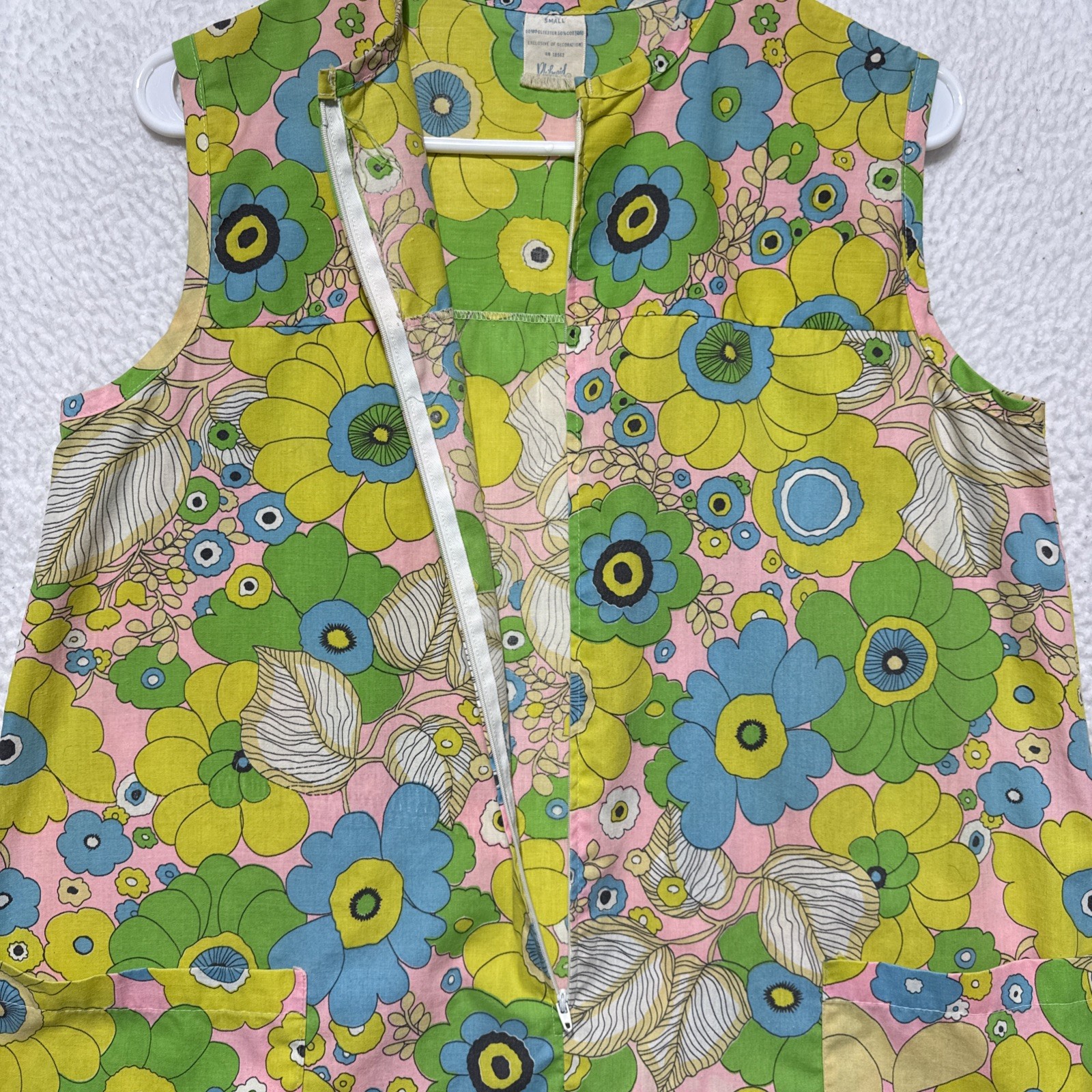 Vintage 60’s 70’s Floral Half Zip Flower Power Shirt Dress W/Pockets Womens Sm.