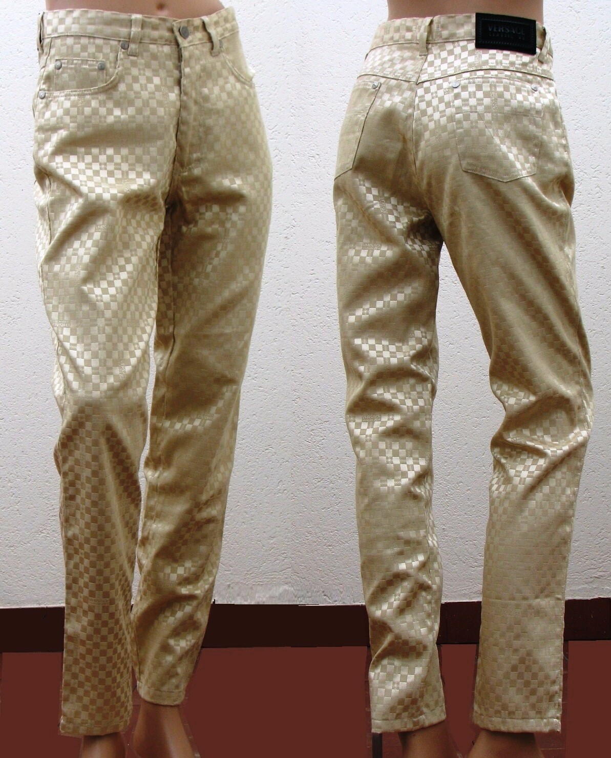 VERSACE CLASSIC V2 pantaloni donna vintage 5 tasche jeans beige oro vita alta