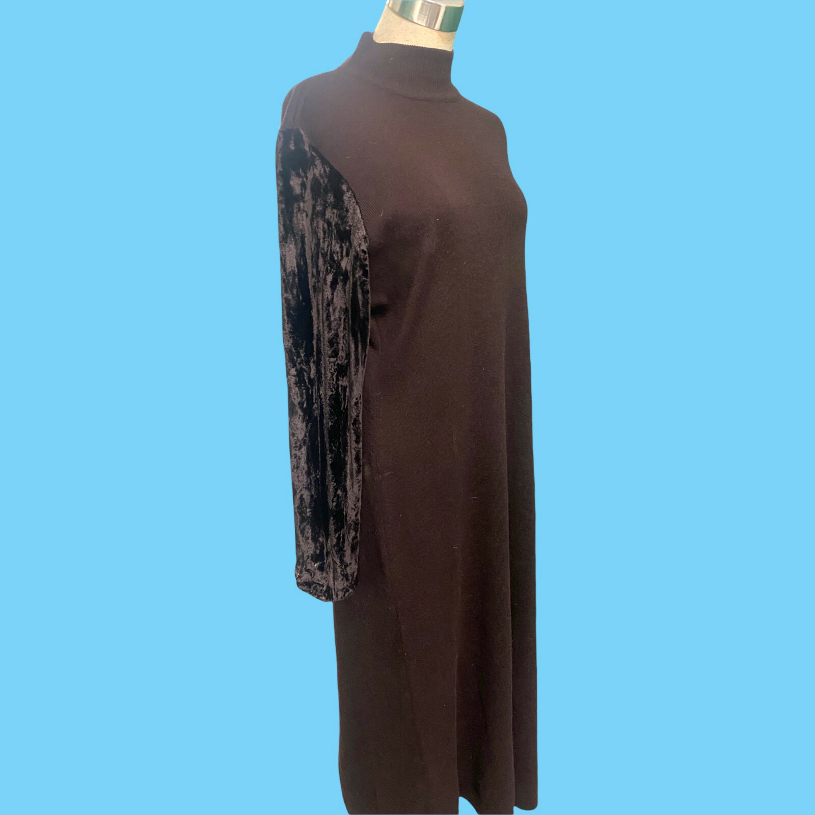 Vintage Nina Charles For Kasper ASL Brown Maxi Dress W/ Velvet Arms