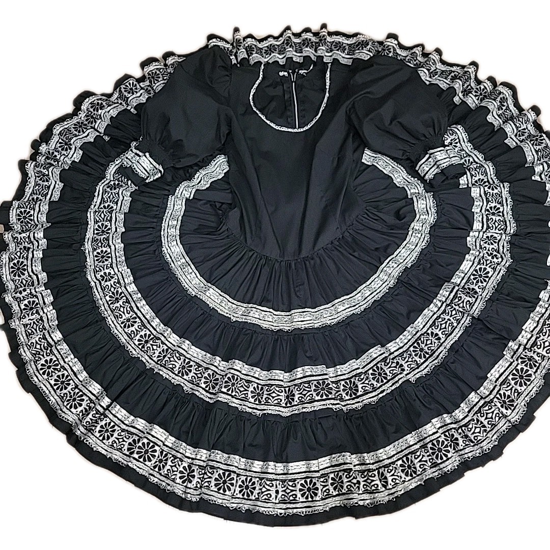 VTG Women’s Black Folk Dance Dress Brocade Ribbon Trim Tiered Skirt Puff Sleeve