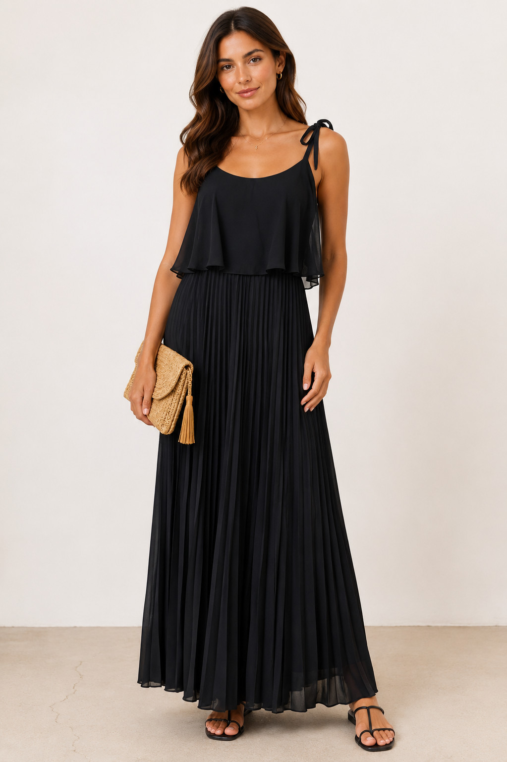 Vtg JT Jody of CA Strappy Pleated Overlay Maxi Dress Black Formal Evening Sz M