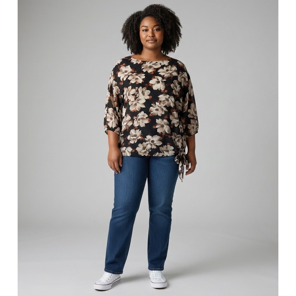 Coastal Grandmother Floral Tie Hem Blouse Boat Neck Oversized Top Large ^