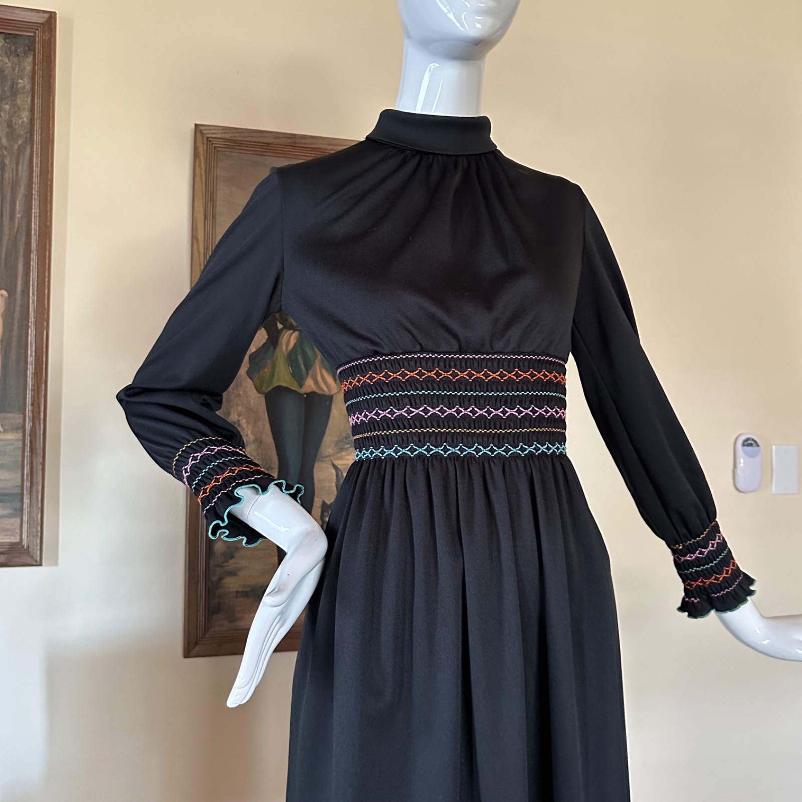 Vintage 1970s Mod Shady Lane Rainbow Smocked Waist Long Sleeve Mini Day Dress S