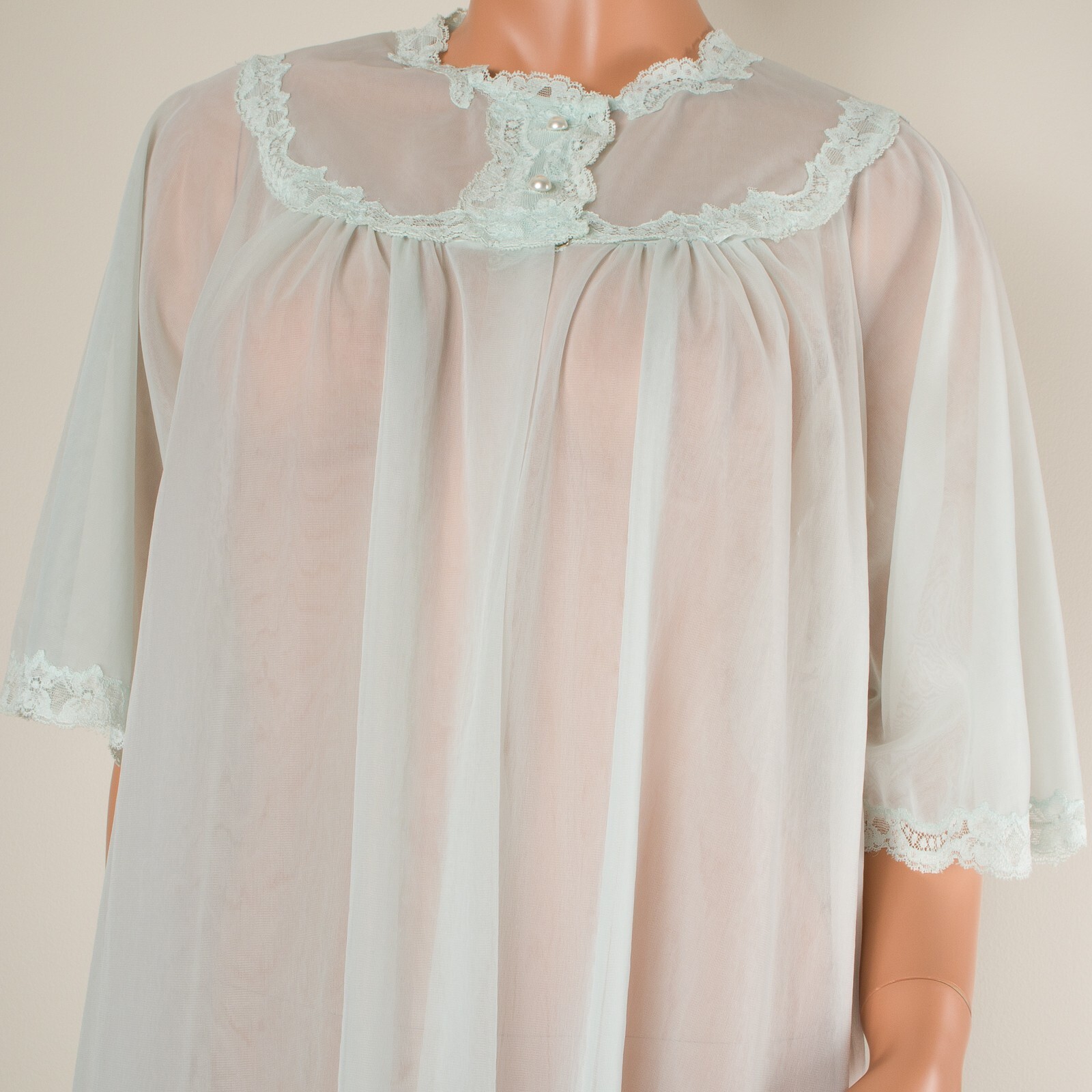 💖 SHADOWLINE Double Chiffon Mint Green Peignoir Robe Gown Nylon Full Length S