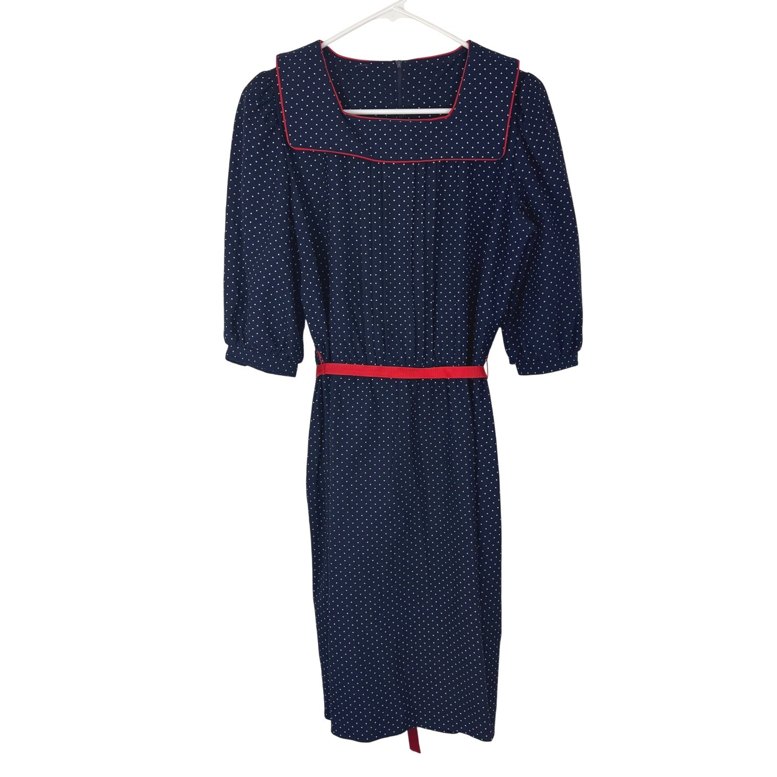 Vintage Navy Blue Polka Dot Pinup Sailor Midi Dress Retro Mod Petite 12