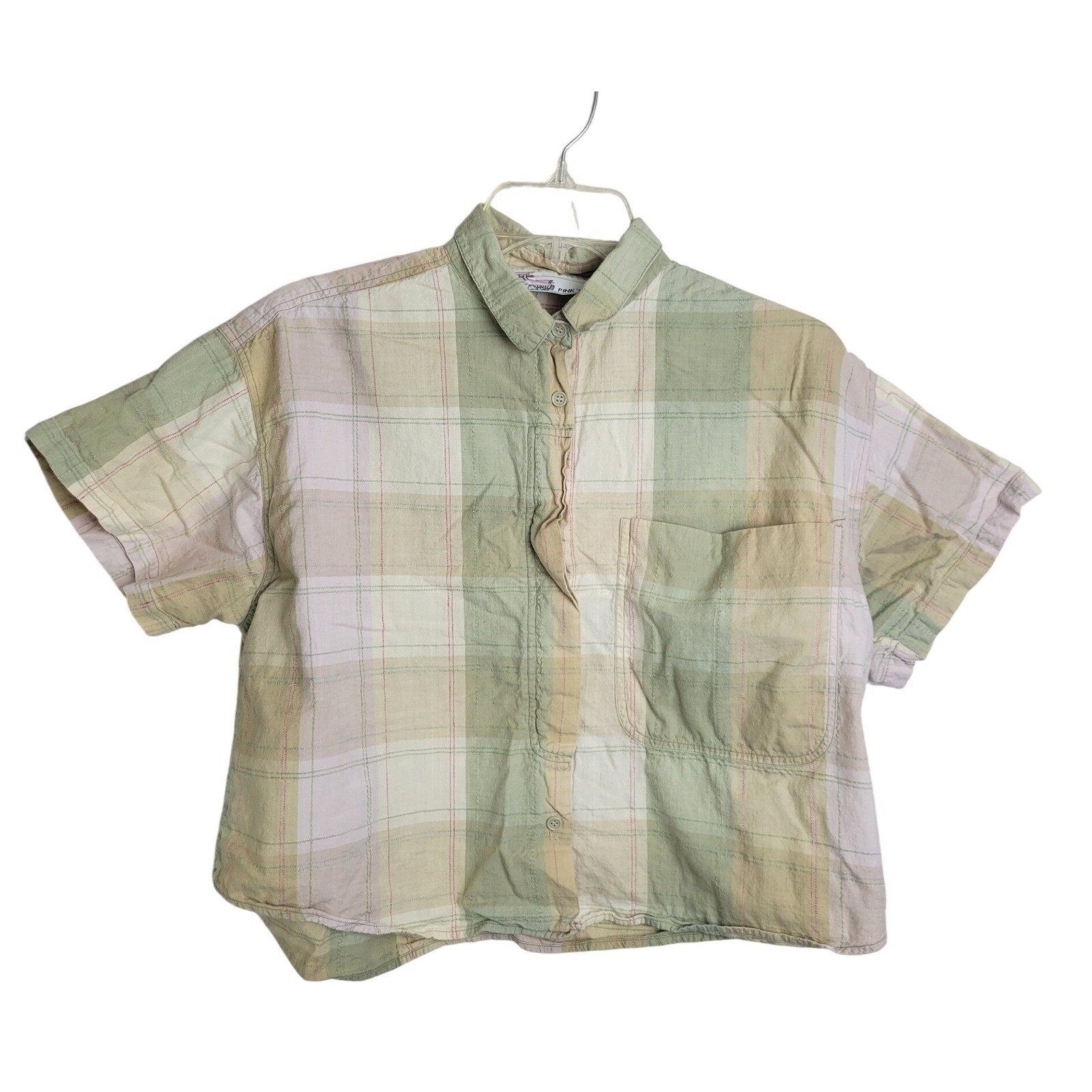Pink 59 Plaid Button Down Cropped Shirt Short Sleeve Grunge Green Women Large