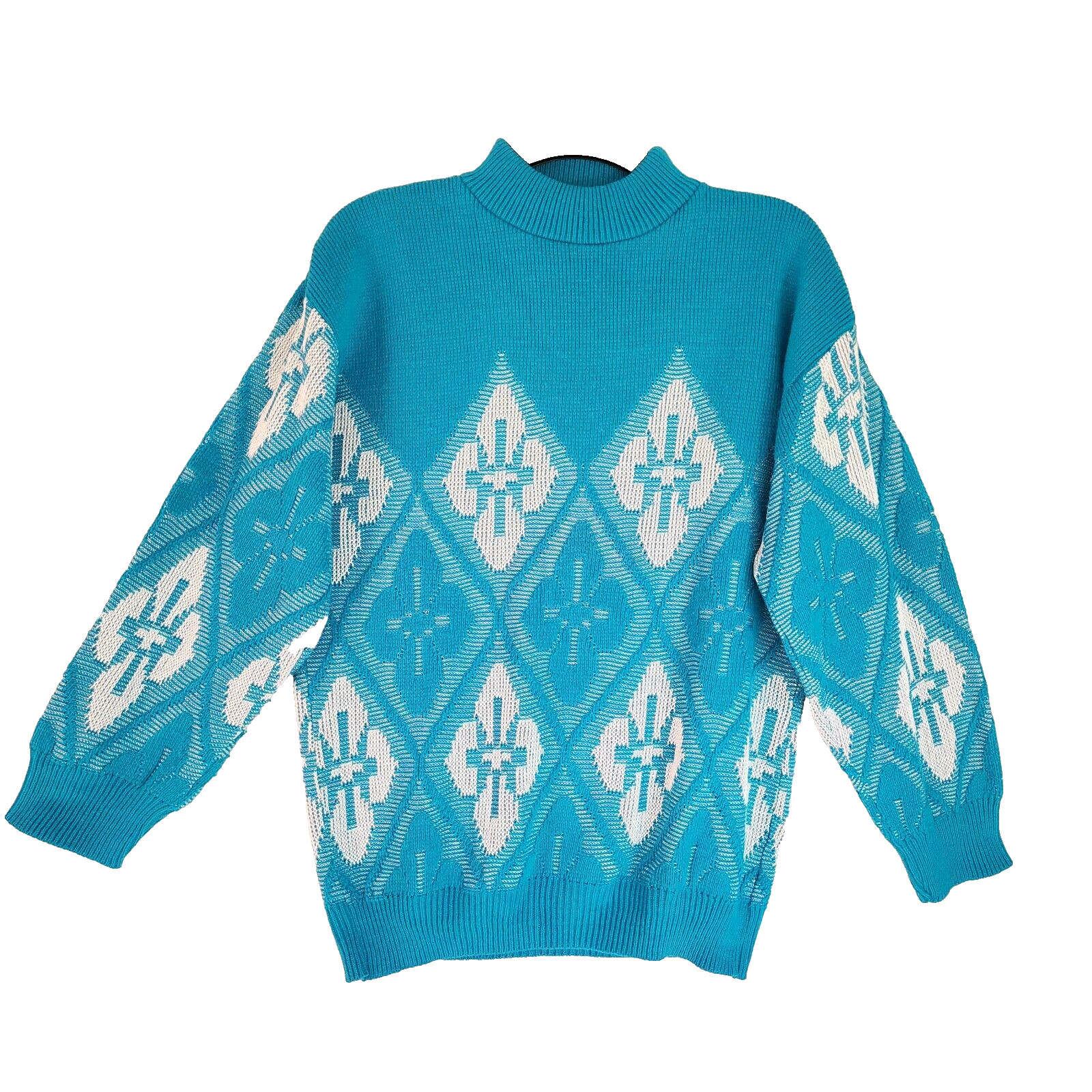 Fortune Knits Vintage 80s USA Womens Pullover Sweater Diamond Teal Mock Neck M