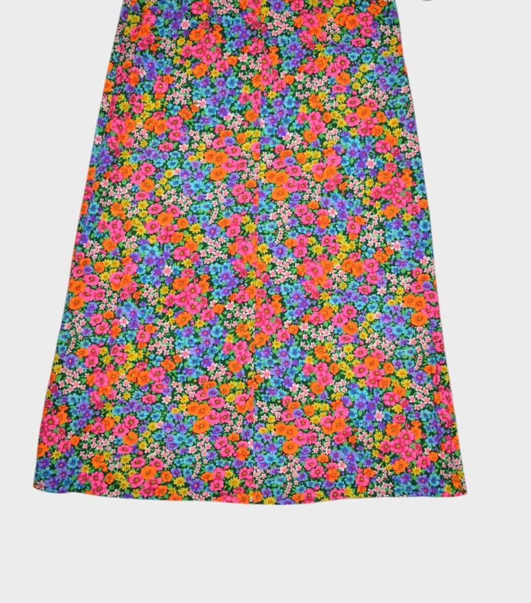 Vintage 60s Dress Womens S Floral Multicolor Maxi Short Sleeve Day Hippy Boho