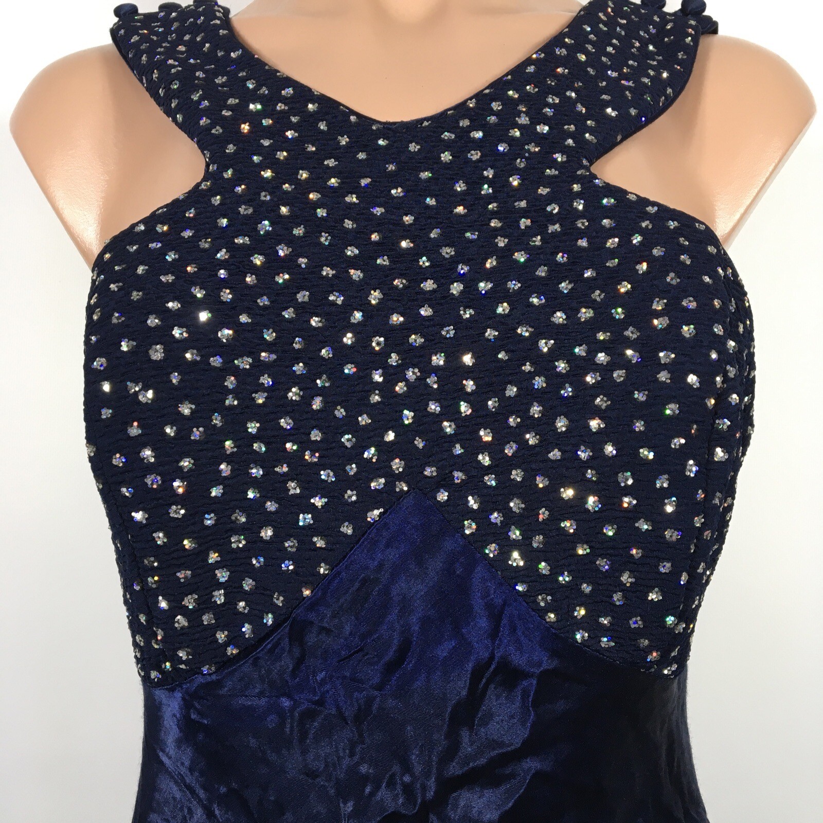 Vtg 90s y2k L.A. Glo Blue Glitter Prom Dress Evening Formal High Neck Backless