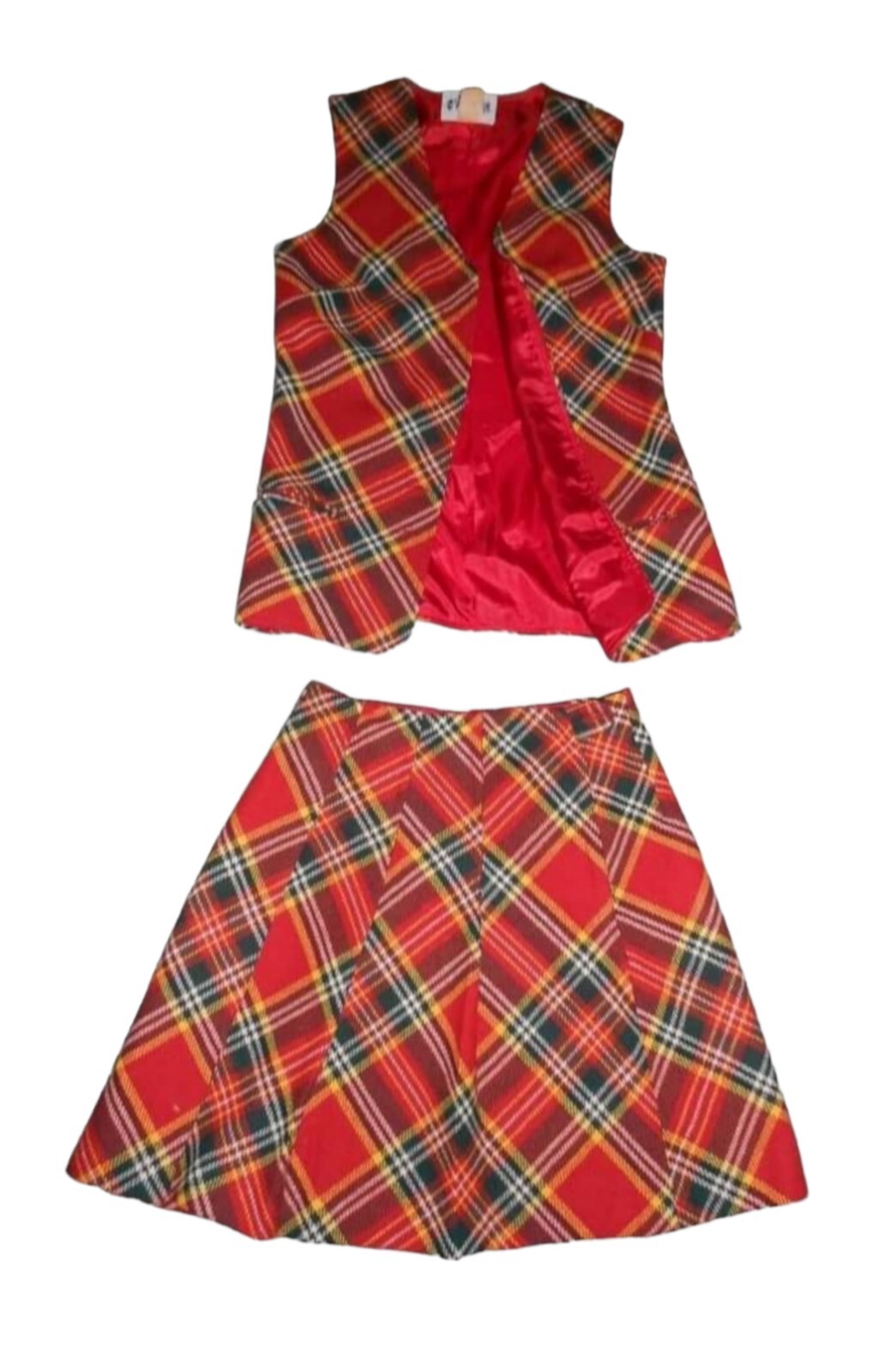 VTG 60s BOBBIE BROOKS Pleated Mini Skirt Vest Two Piece Set RED Tartan Plaid USA