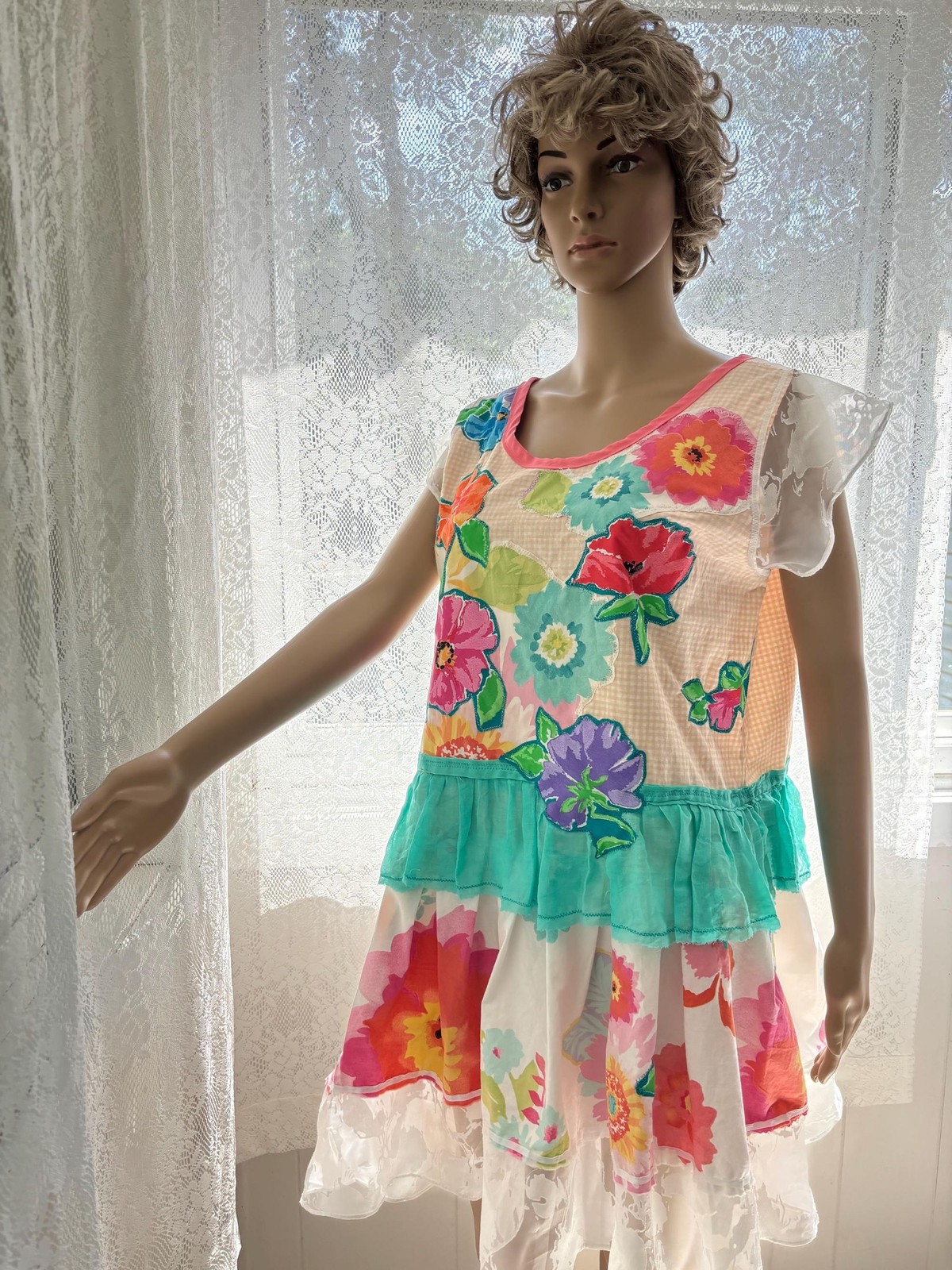Upcycled Pinafore Dress: Floral Appliques, Lace Trim, OOAK Handmade Tunic