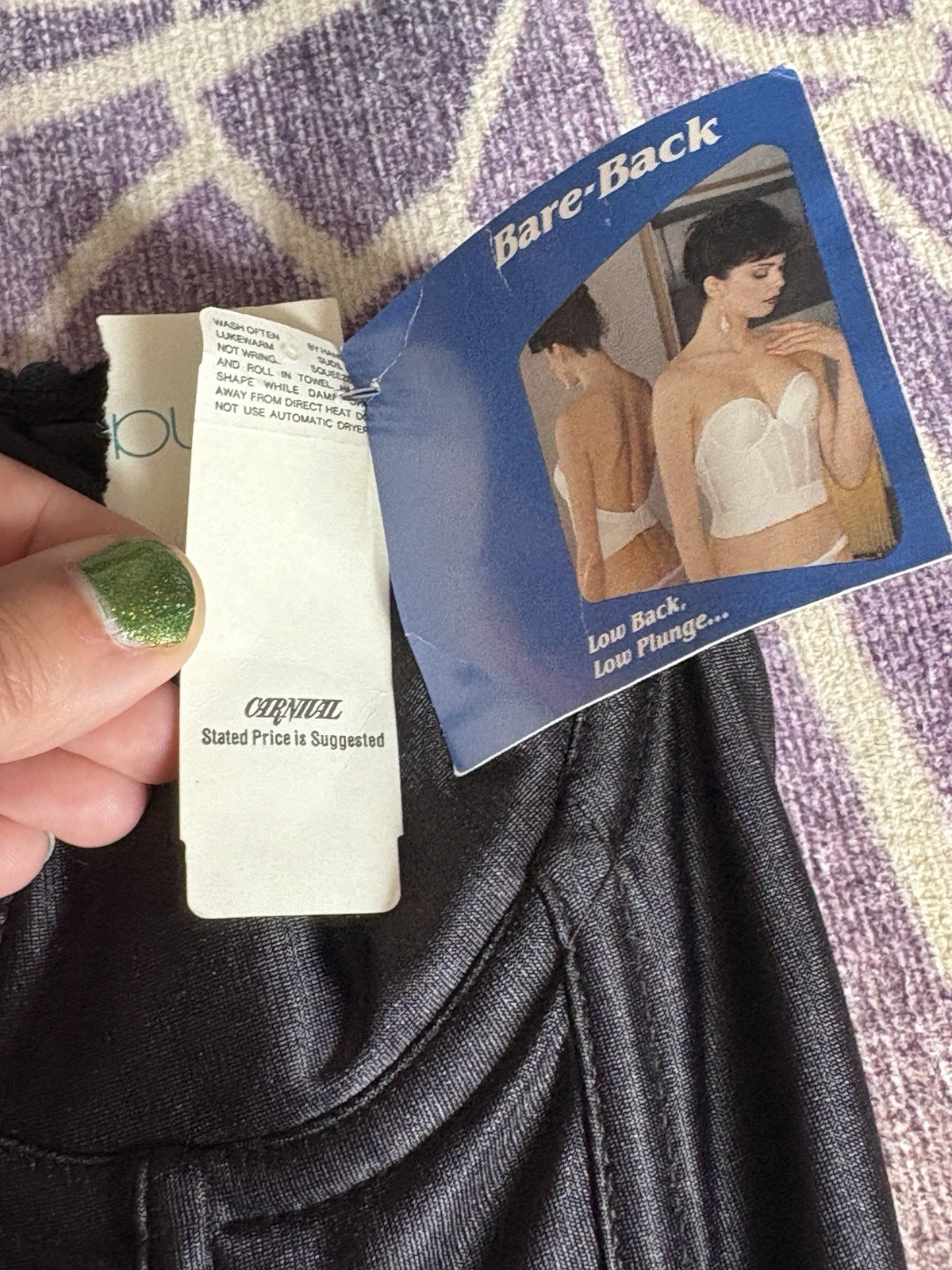 Carnival Black Long Line Bra Strapless 34B #203 Low Back VINTAGE NOS