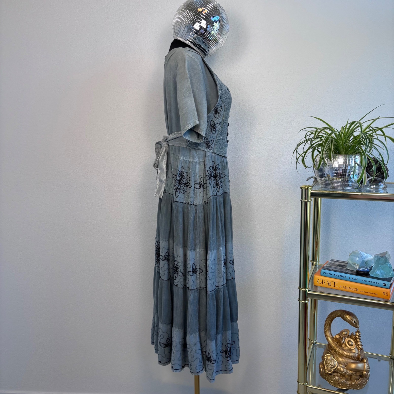 Vintage Cottage Blue Grey Embroidered Tiered Midi Dress, Medium Boho Ren Faire