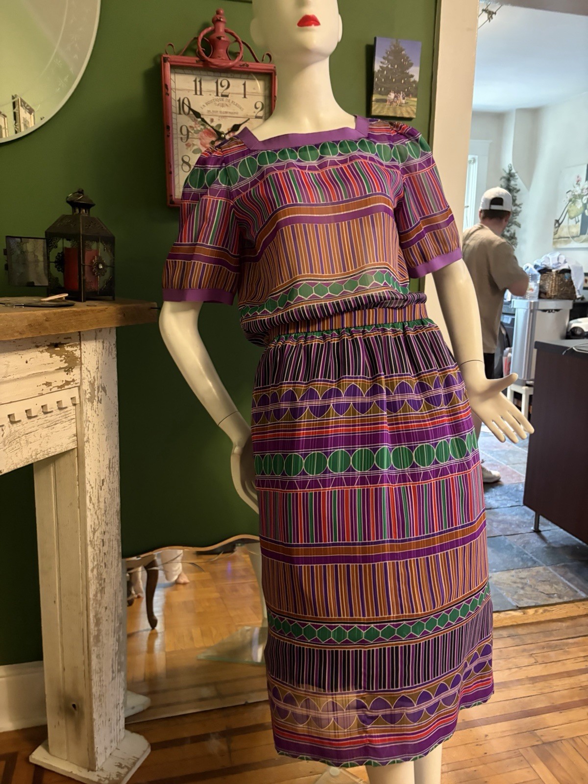 Vtg Willroy Traveler Graphic Print Bold Colors Sheer Set Dress Skirt & Top 36/30