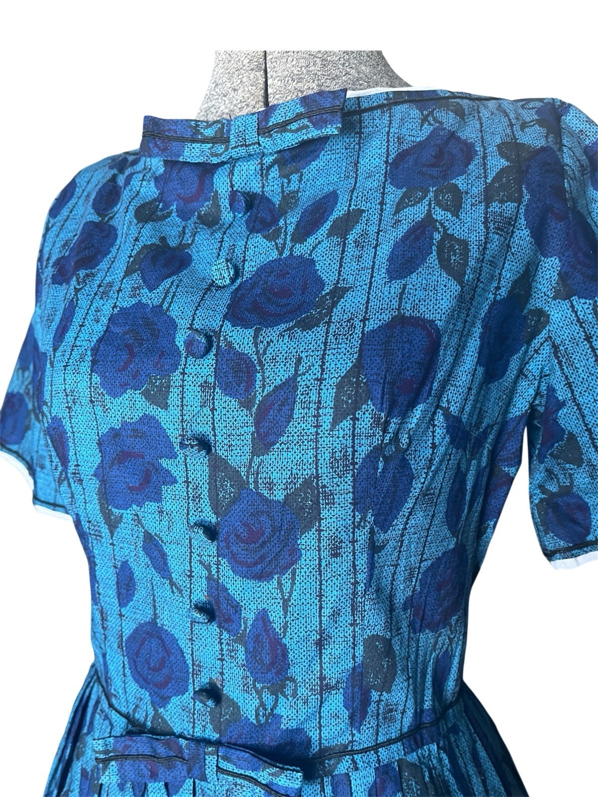 Vintage 1950’s Jewel Tone Blue Rose FULL SKIRT Party Rockabilly Easter Dress