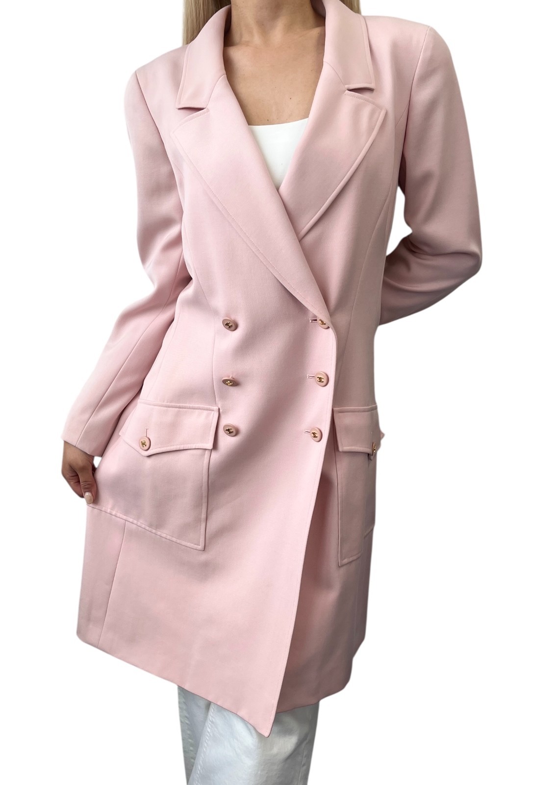 CHANEL Vintage 97P CC Logo Button Blazer Long Coat Jacket #40 Pink Wool