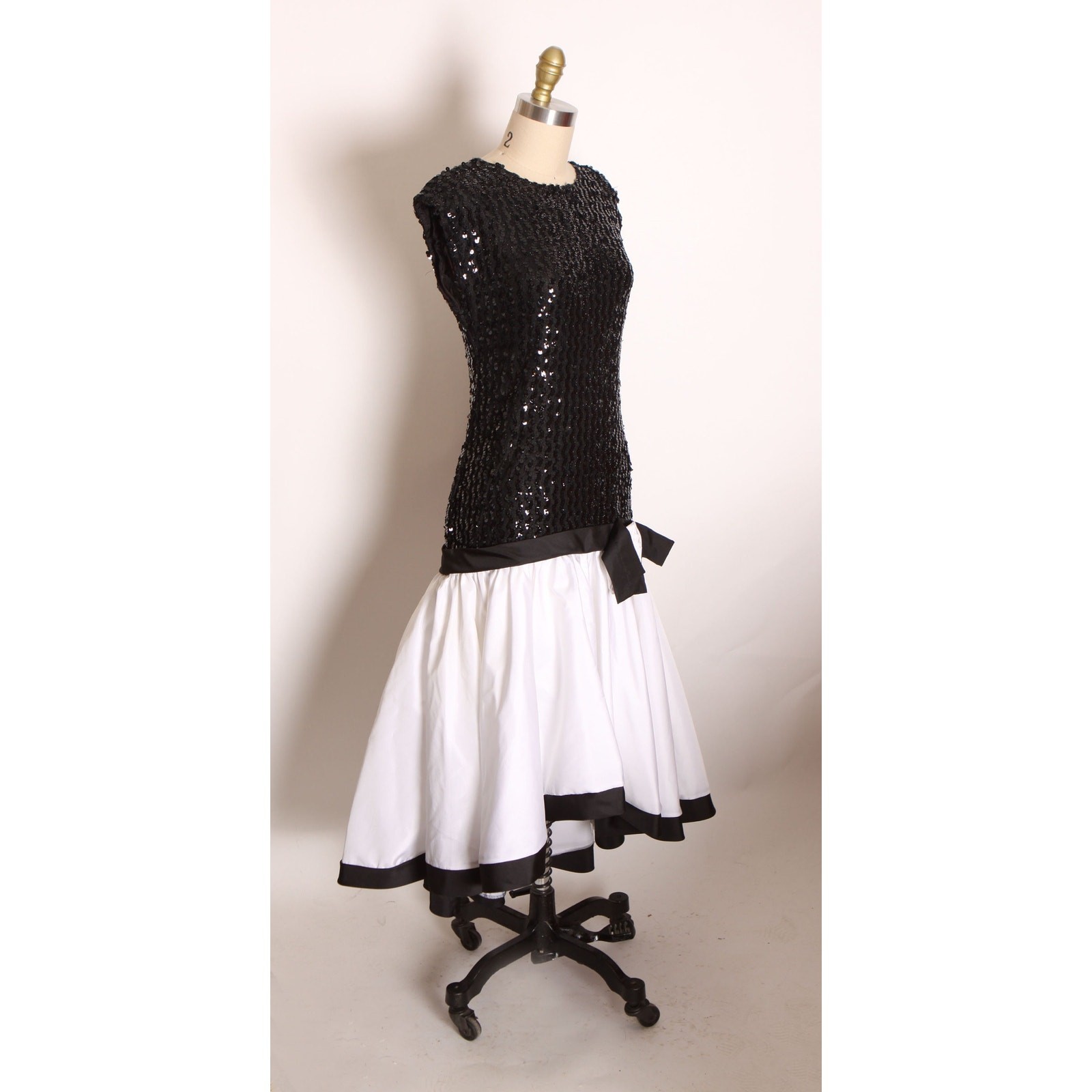 1980s Black White Sequin Asymmetrical Formal Dress by Precious Moments