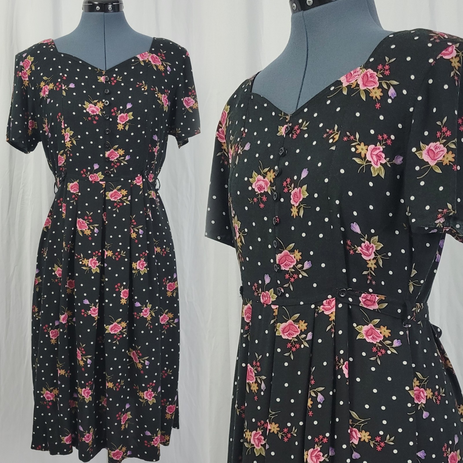 Vintage Erika Studio Black Floral & Polka Dot Dress w Waist Tie Backs Size M