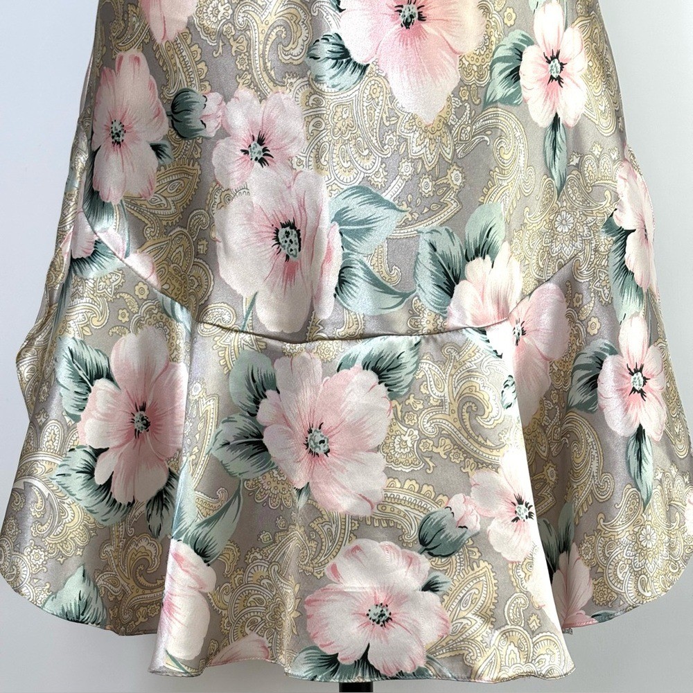 Vintage Satin Chemise Slip Dress 80’s Coquette Ruffle Floral Pinup Girl Glam
