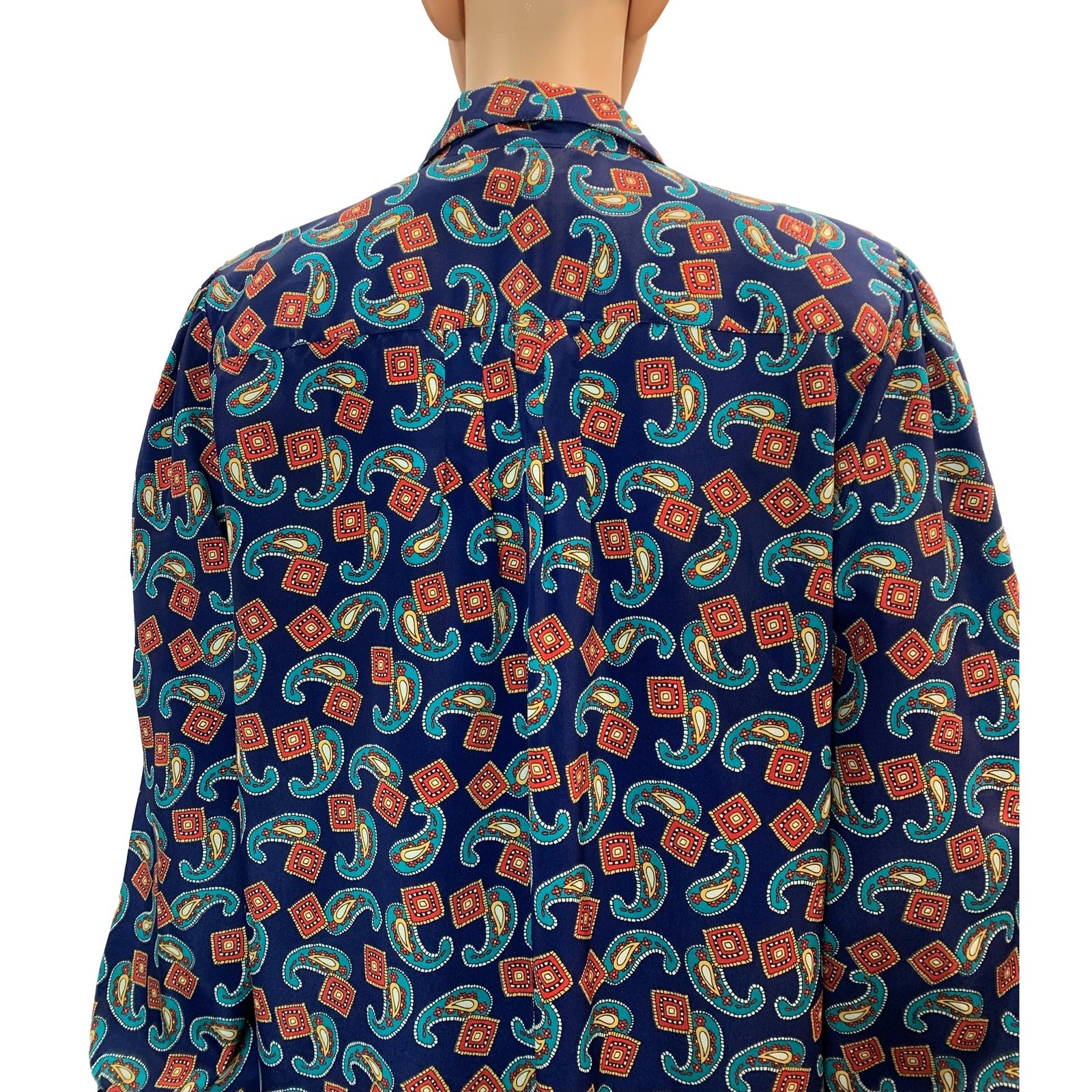 80s Silky Paisley Print Blouse Blue Teal Red Gold Josephine Size 6