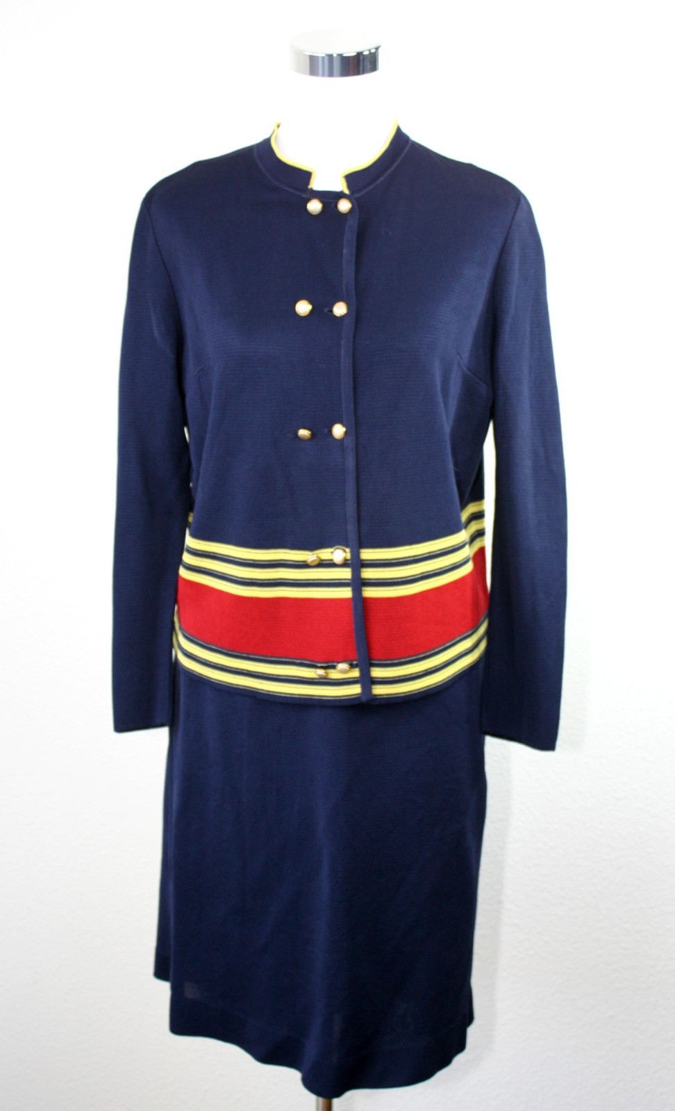 VTG 50s Knit Skirt Set Cardigan Jacket Navy Yellow Red Stripes Sz S Retro Chic *