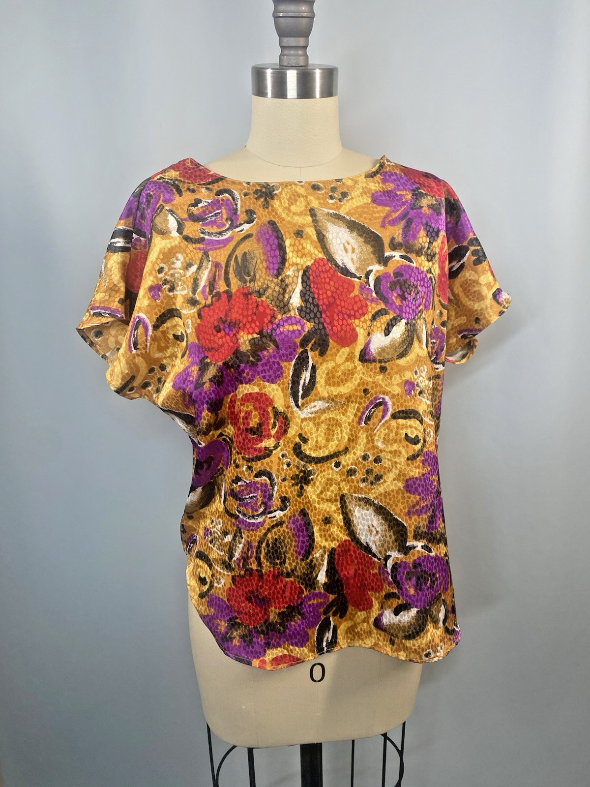 Vintage Blouse SIZE 4 XS PETITE gold red purple floral NOTATIONS 80s 90s