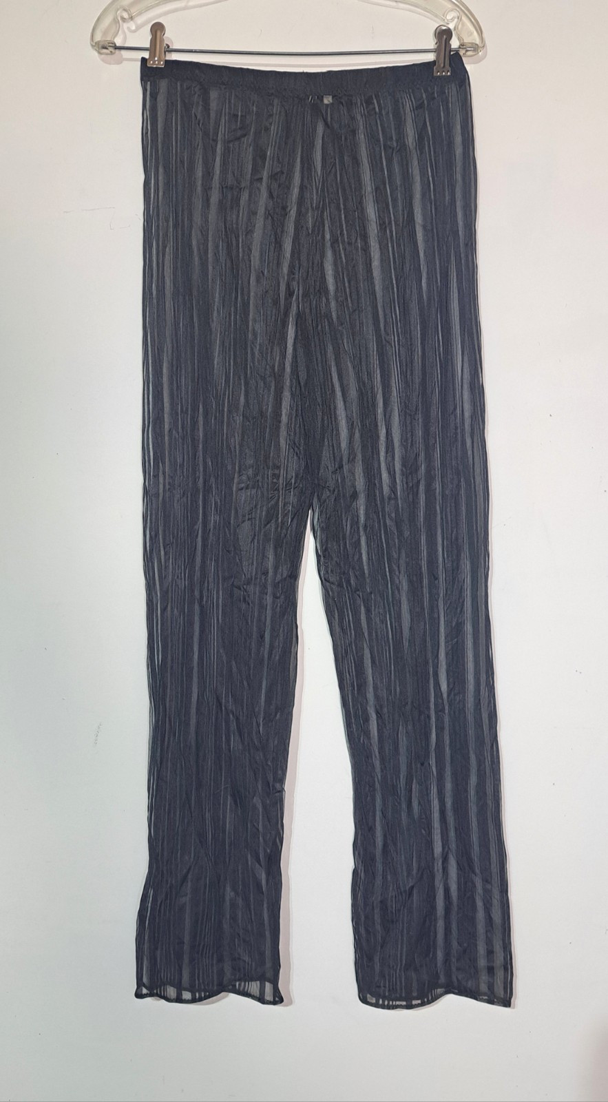 Vintage 1970s Black Sheer Stripe Pajama Set Sz S Shirley of Hollywood Ruffle