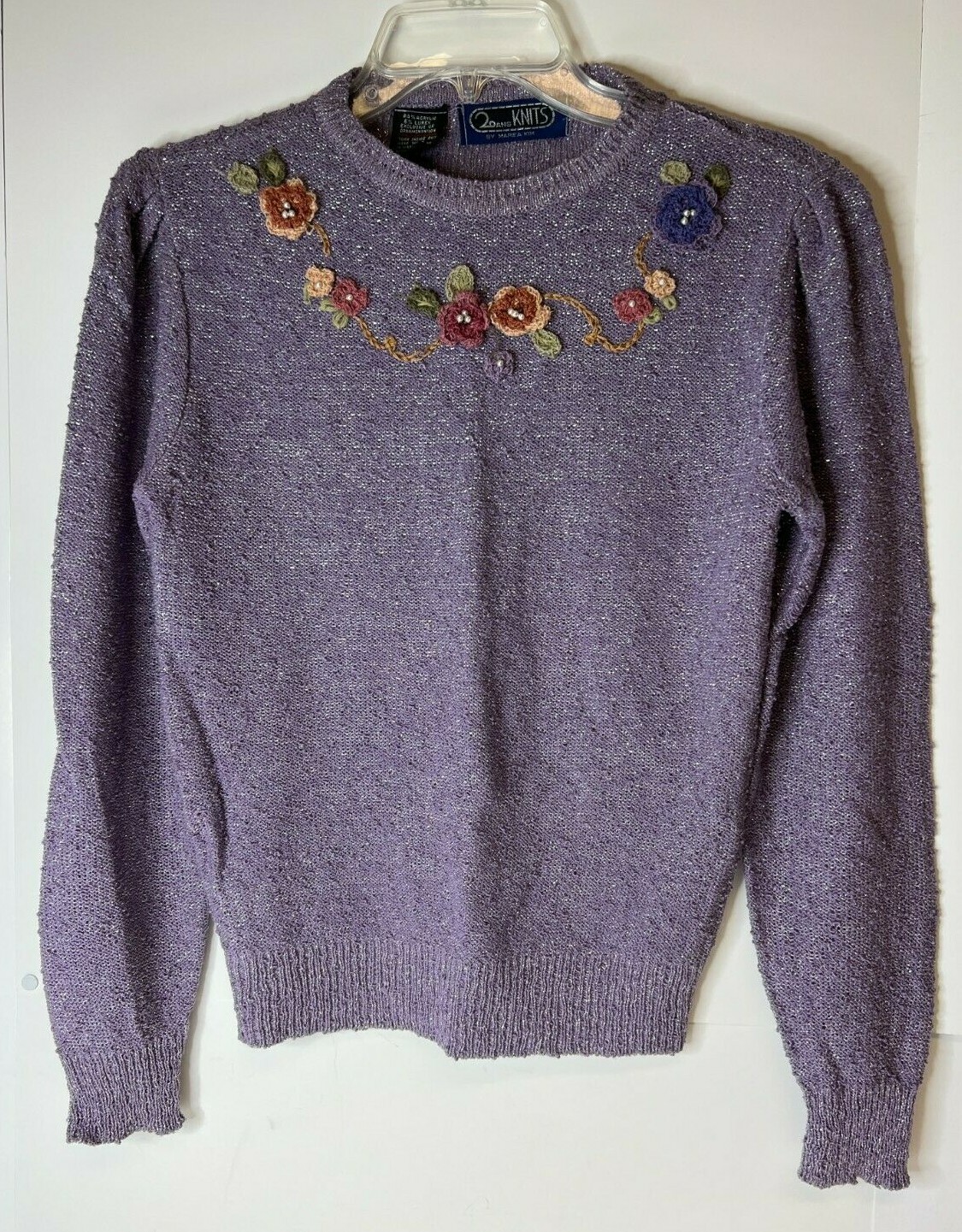 Vintage Mariea Kim Purple Metallic Sweater Embroidered Flowers Faux Pearls-M