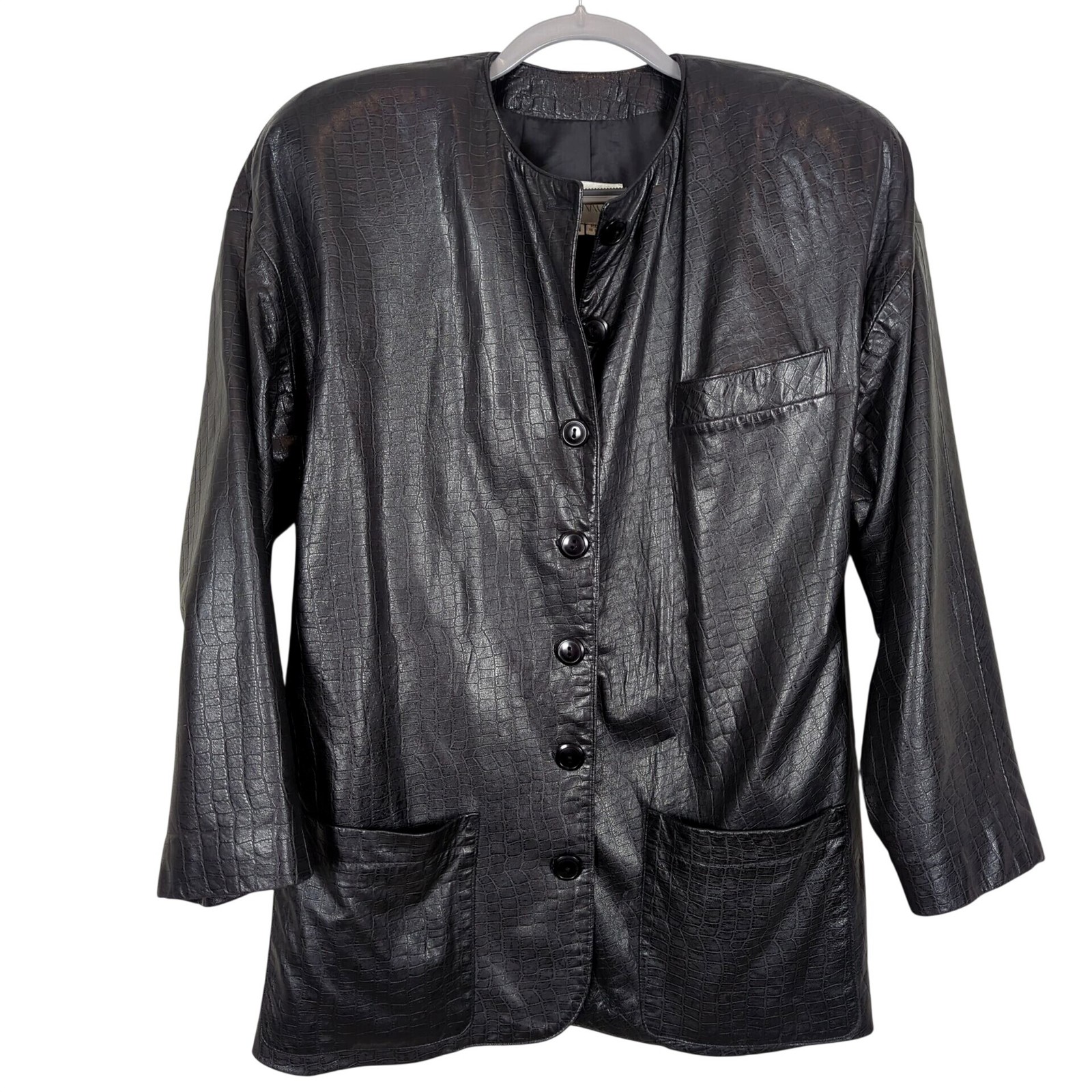 Vintage Vakko Leather Black Jacket Size M Croc Embossed USA Made Button Front