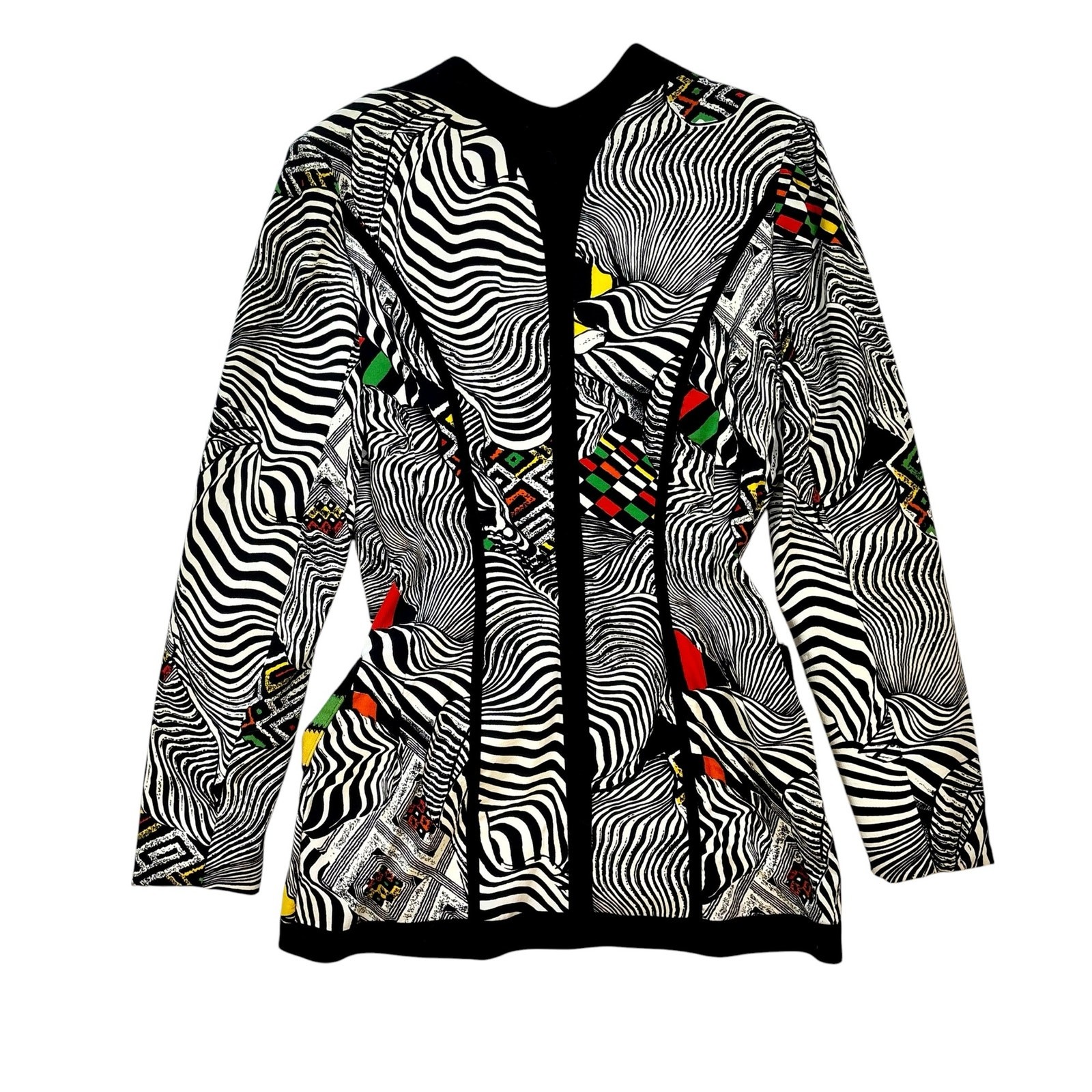 1980s IIF Zebra Geometric Print Skirt Set Blazer Car Wash Fringe Mini Two Piece