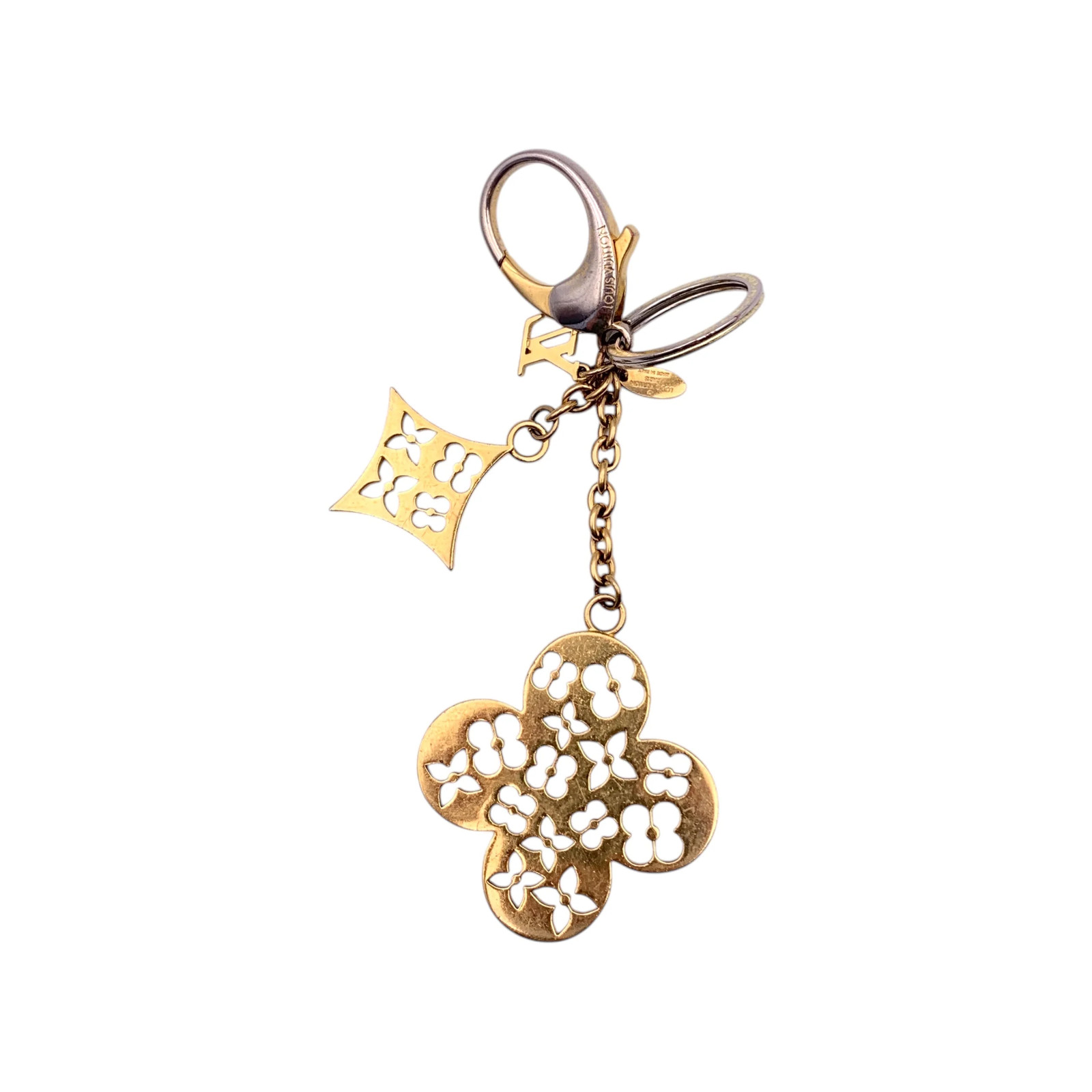 Authentic Louis Vuitton Gold Metal Fleur de Monogram Keychain Bag Charm