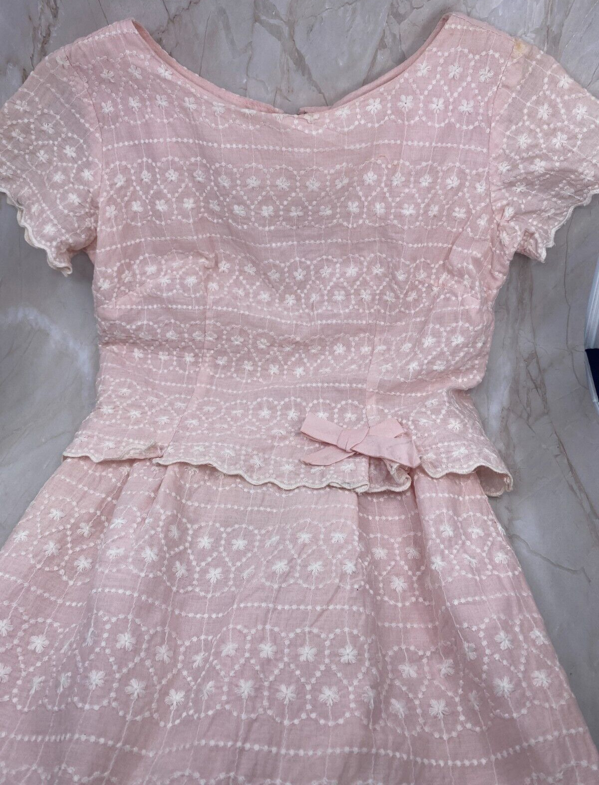 Vintage Handmade Dress Size XS to S Easter Spring Pink with White Embroidery