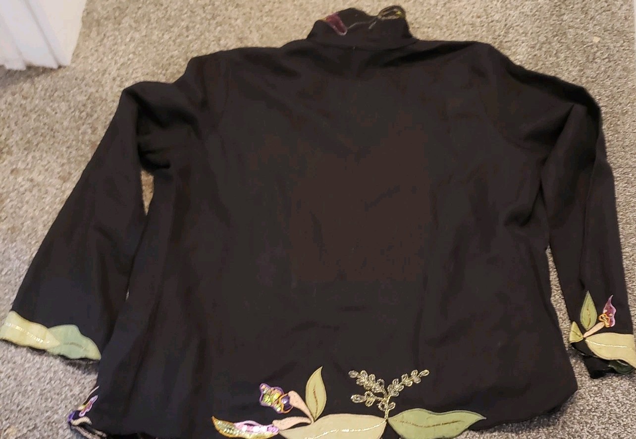 Indigo Moon Embroidered Sequin Floral Black Jacket Cover Up Party Boho L
