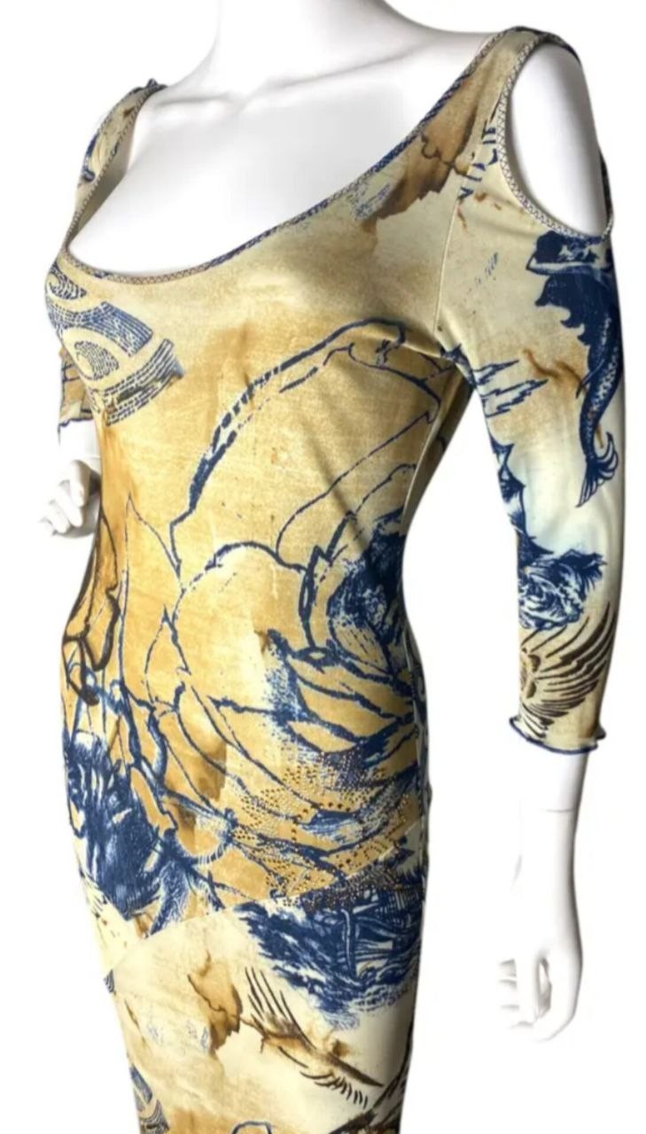 Vintage Roberto Cavalli Class Dress Rose Tattoo Print Midi Boho